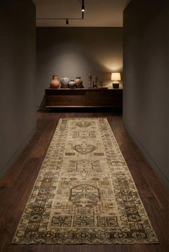 Beige Persian Wool Hand Knotted Runner 3 ft x 9 ft , Neutral Cartouche Passage