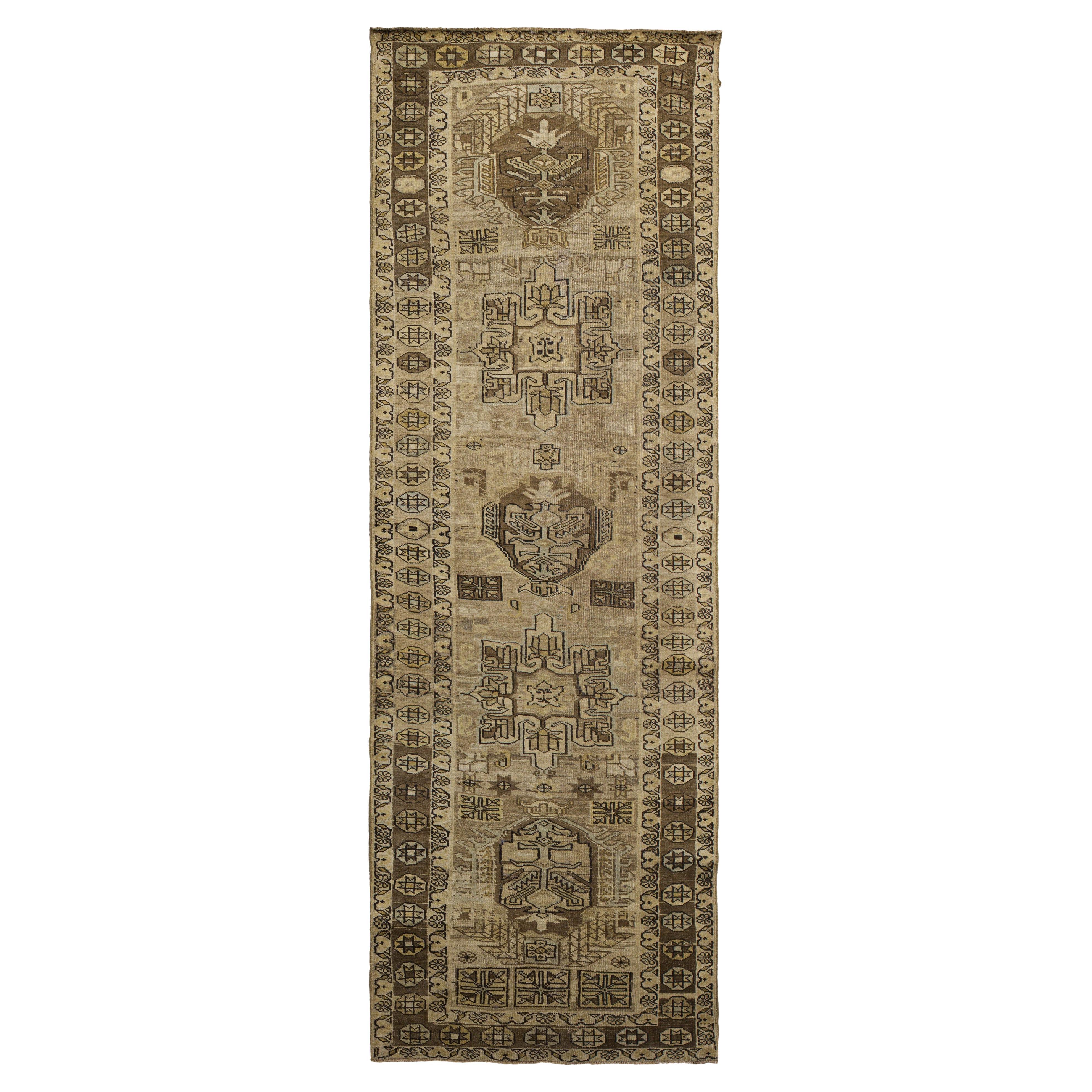 Beige Persian Wool Hand Knotted Runner 3 ft x 9 ft , Neutral Cartouche Passage For Sale