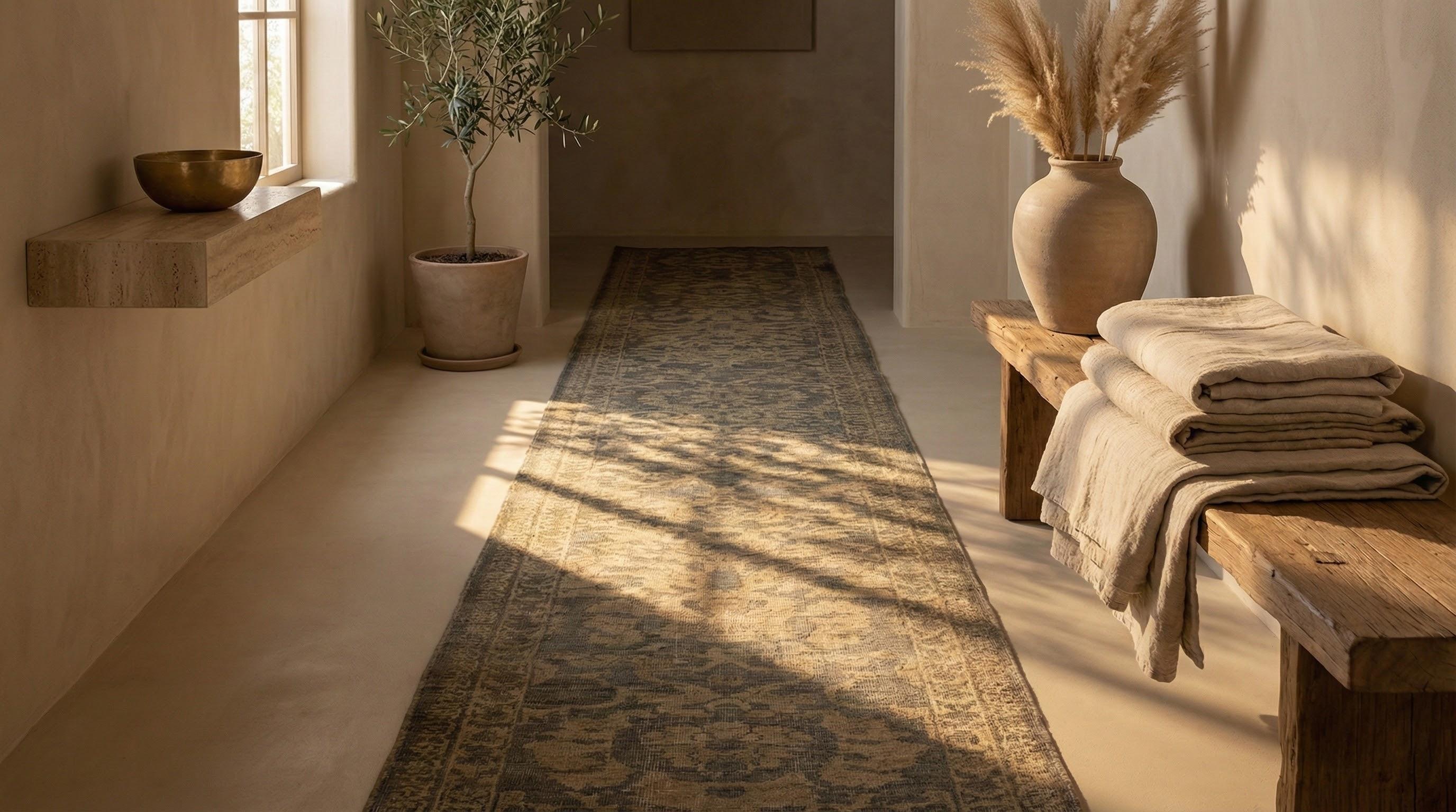 Ce nouveau chemin de table persan Sultanabad offre une présentation raffinée de la fabrication traditionnelle de tapis en atelier, traduite dans un format long et étroit, idéal pour les espaces communicants. Noué à la main en laine de première