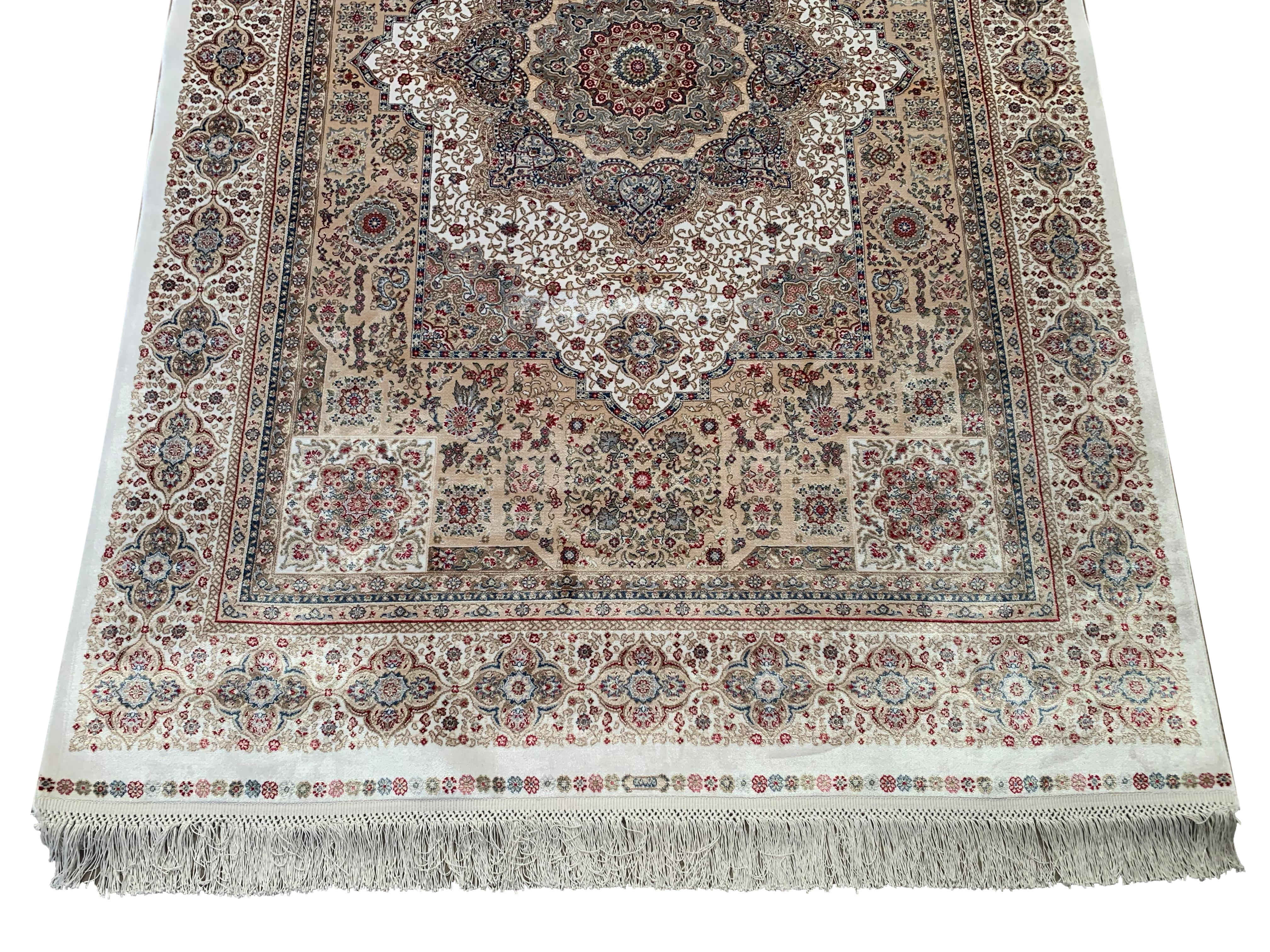 Contemporary Beige Pure Silk Turkish Rug, 1000 KPSI For Sale