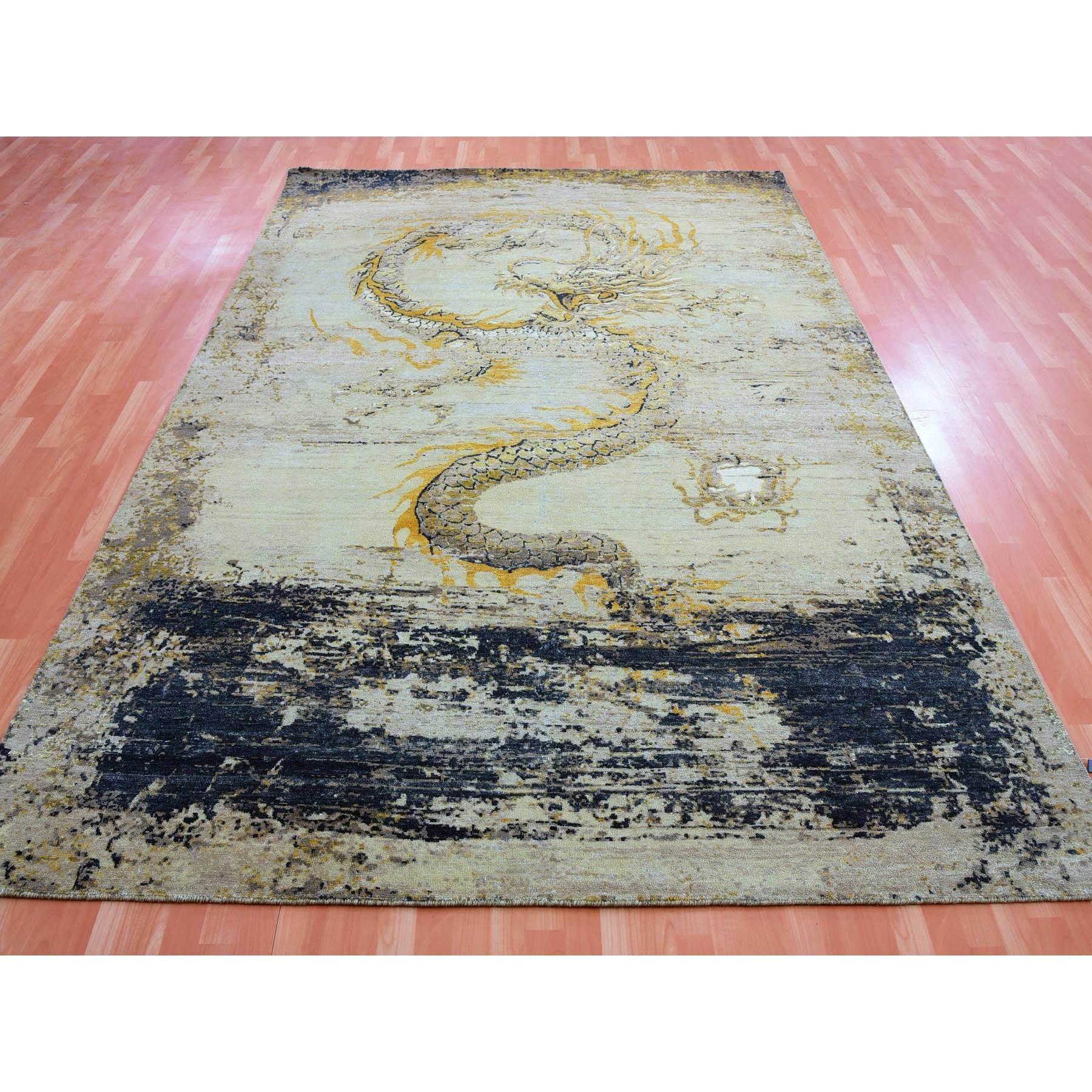 Medieval Beige Pure Wool Antique Chinese Inspired Dragon Design Hand Knotted Rug 8'x10'4