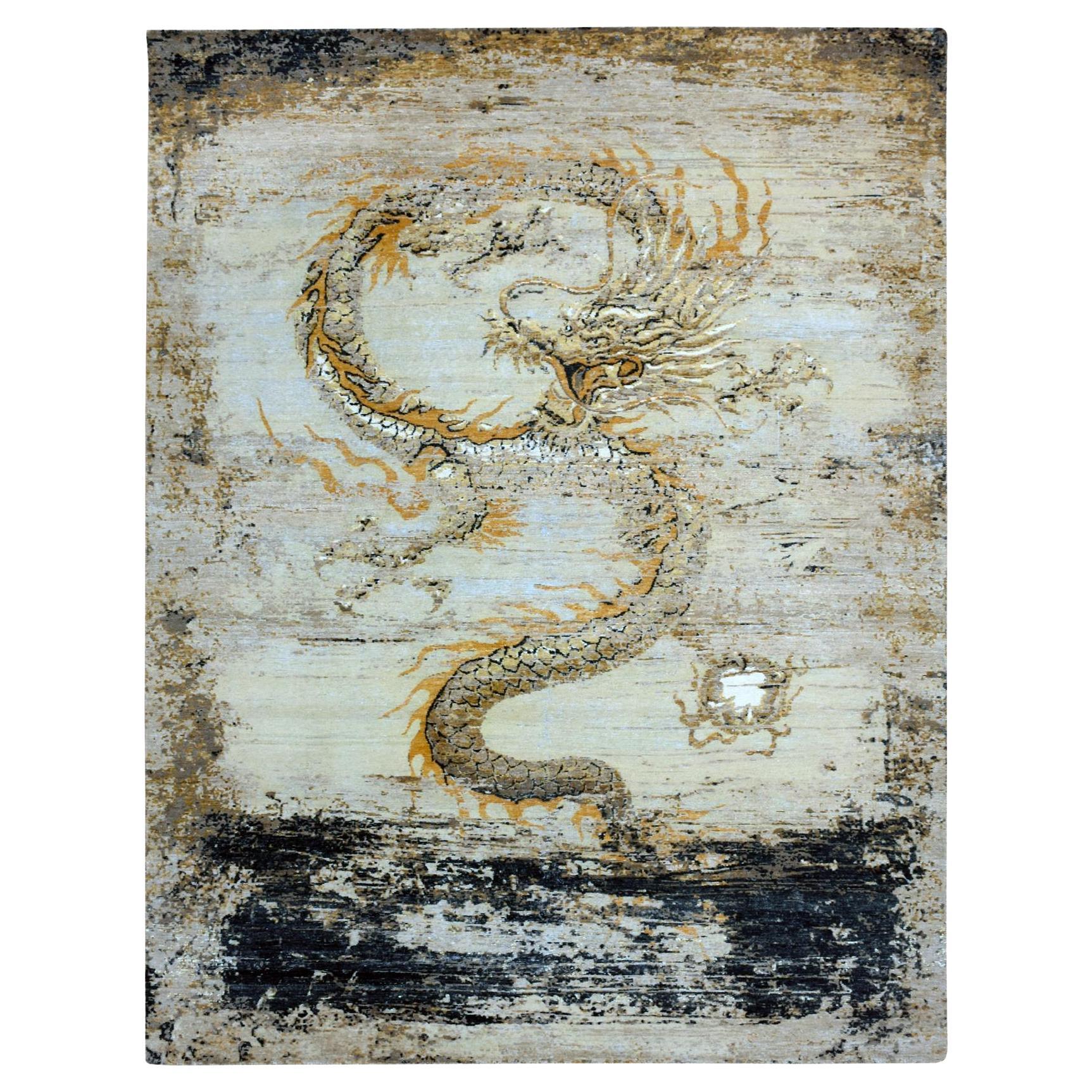 Beige Pure Wool Antique Chinese Inspired Dragon Design Hand Knotted Rug 8'x10'4" For Sale