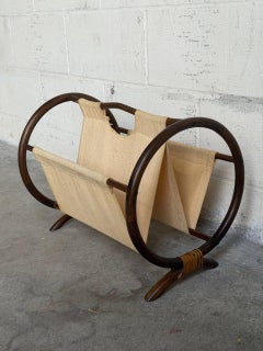 Beige Rattan Magazine Rack with Canvas Holder Mid-Century Modern 1970s