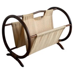 Beige Rattan Magazine Rack with Canvas Holder Mid-Century Modern 1970s