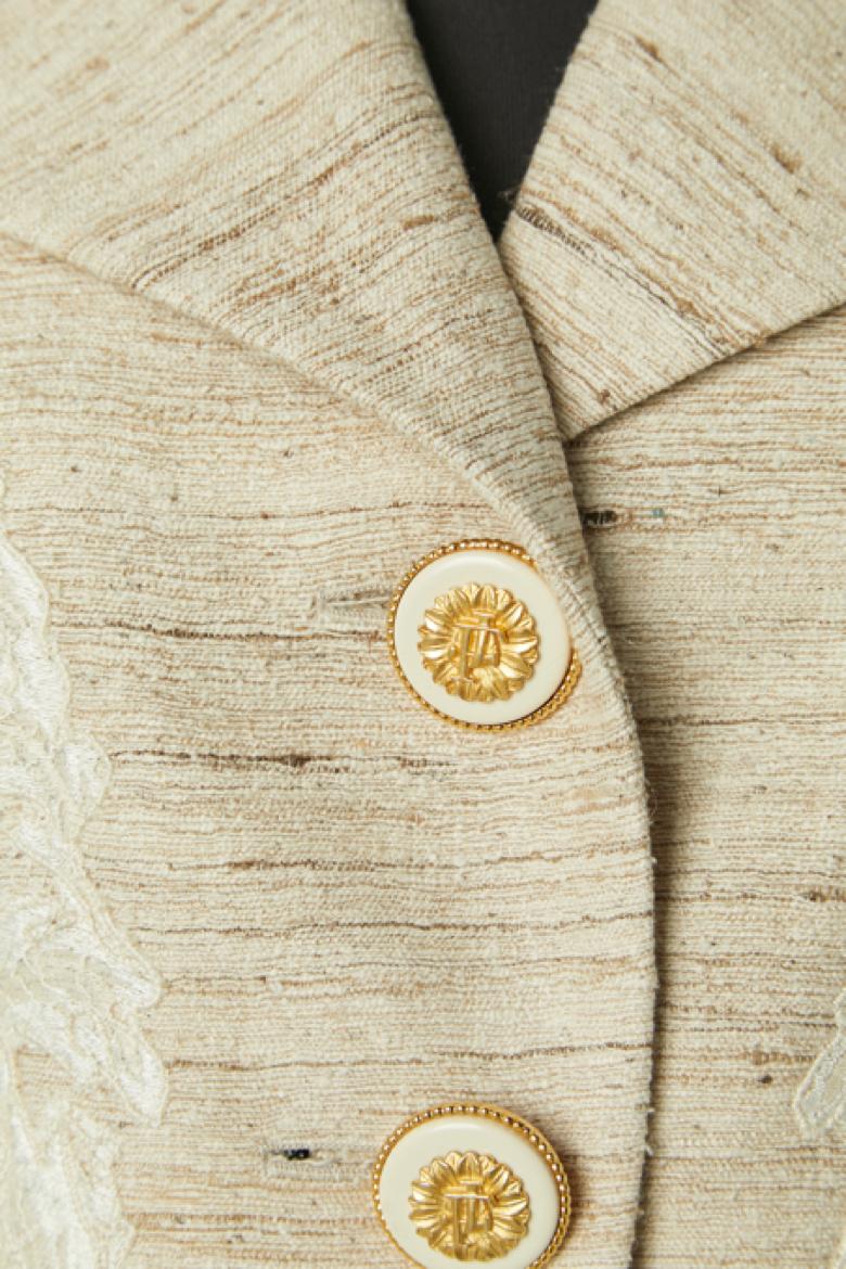 Beige Abito con gonna in seta grezza beige con inserto in pizzo Jacques Fath in vendita