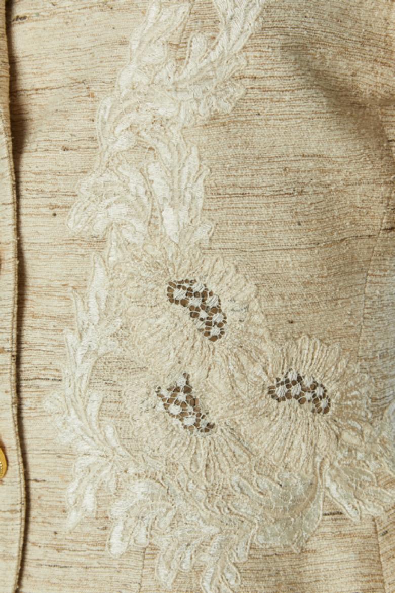 Abito con gonna in seta grezza beige con inserto in pizzo Jacques Fath In condizioni ottime in vendita a Saint-Ouen-Sur-Seine, FR