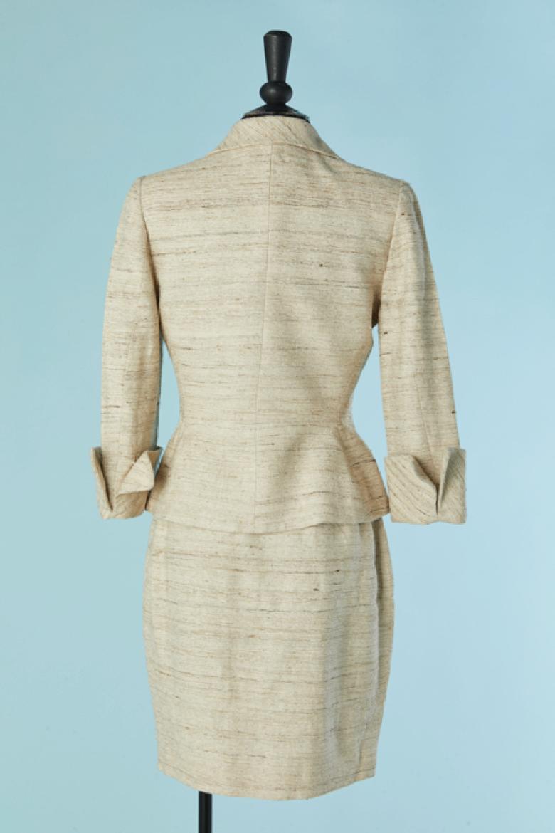 Abito con gonna in seta grezza beige con inserto in pizzo Jacques Fath in vendita 1