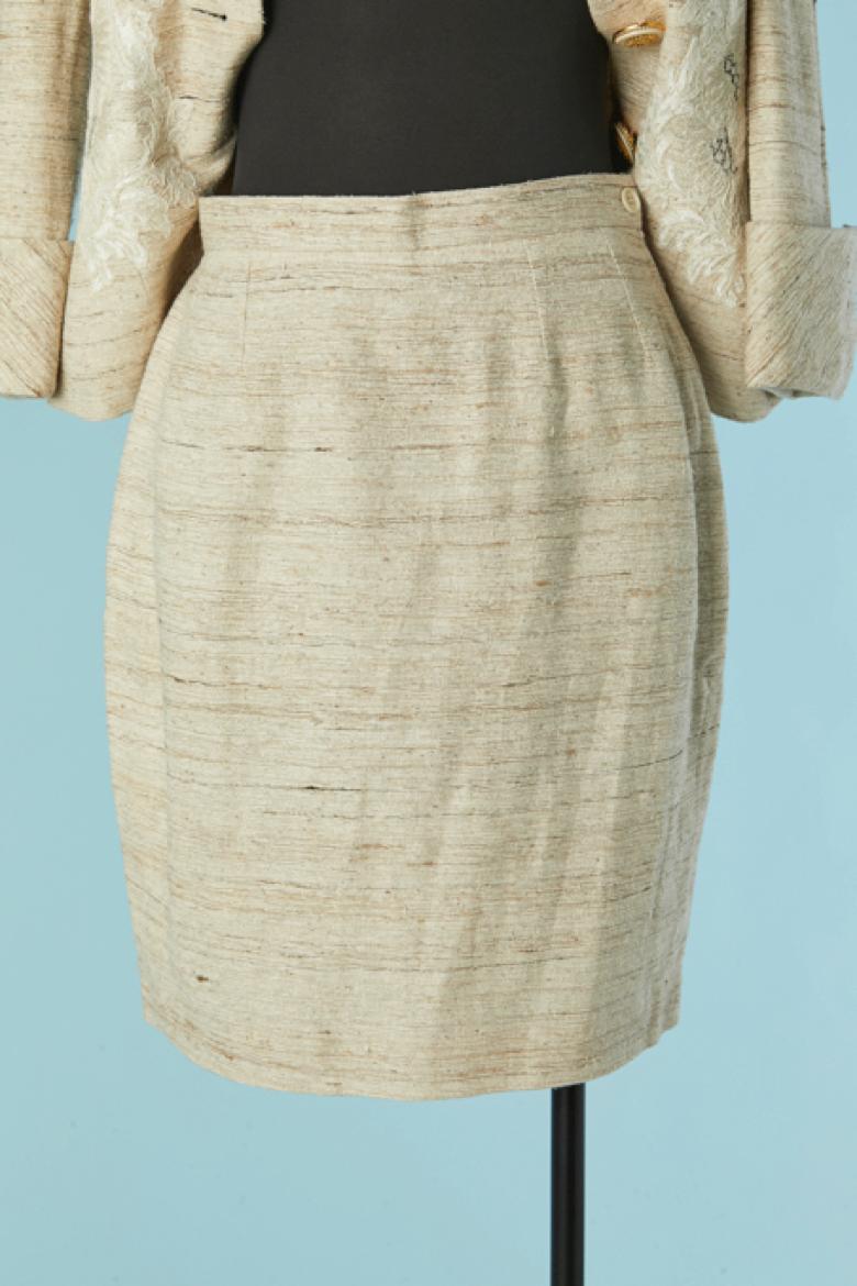 Abito con gonna in seta grezza beige con inserto in pizzo Jacques Fath in vendita 2