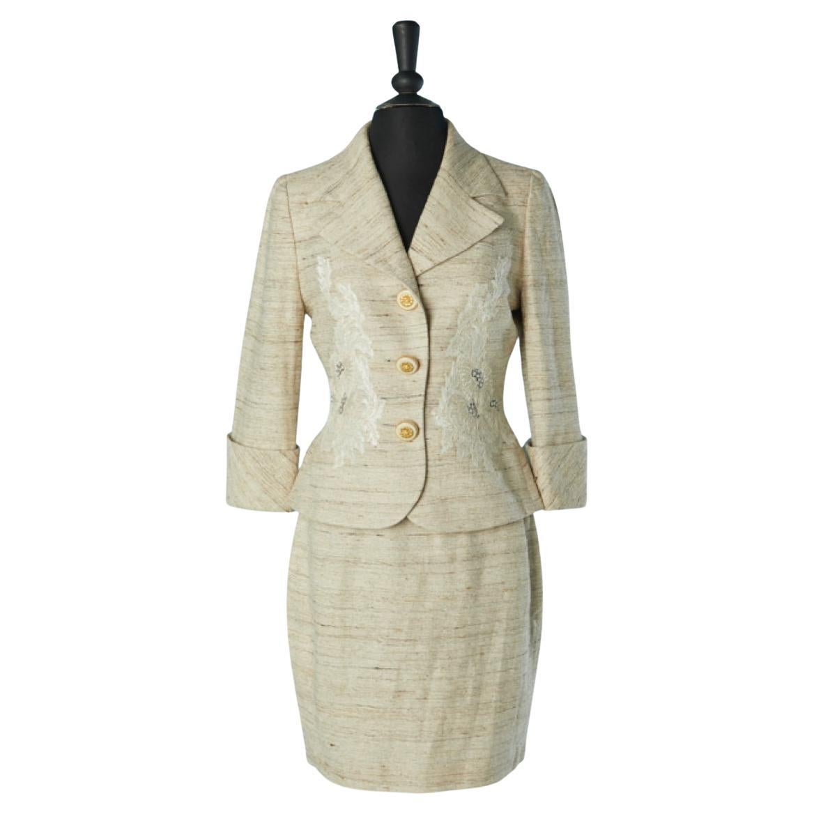 Abito con gonna in seta grezza beige con inserto in pizzo Jacques Fath in vendita