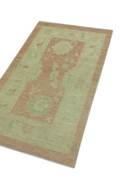 Alfombra Oushak Turca de Lana Tejida a Mano Beige y Roja 2'11" x 5'