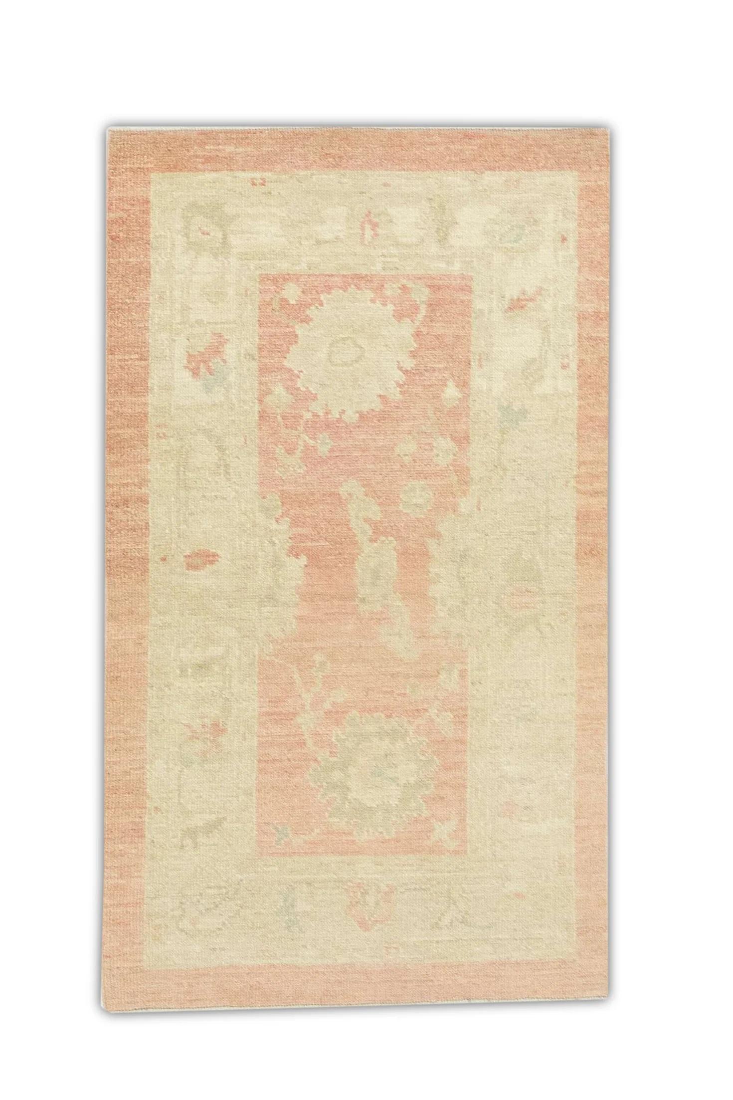 Contemporary Beige & Red Handwoven Wool Turkish Oushak Rug 2'11
