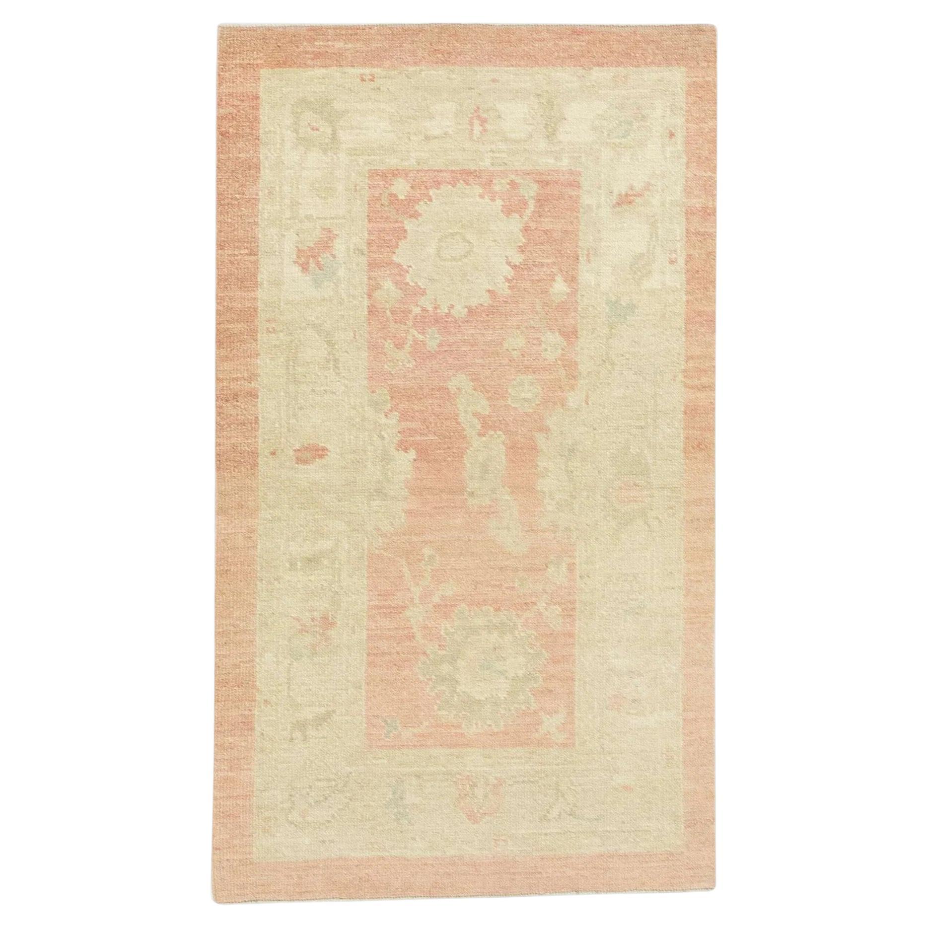 Beige & Red Handwoven Wool Turkish Oushak Rug 2'11" x 5' For Sale