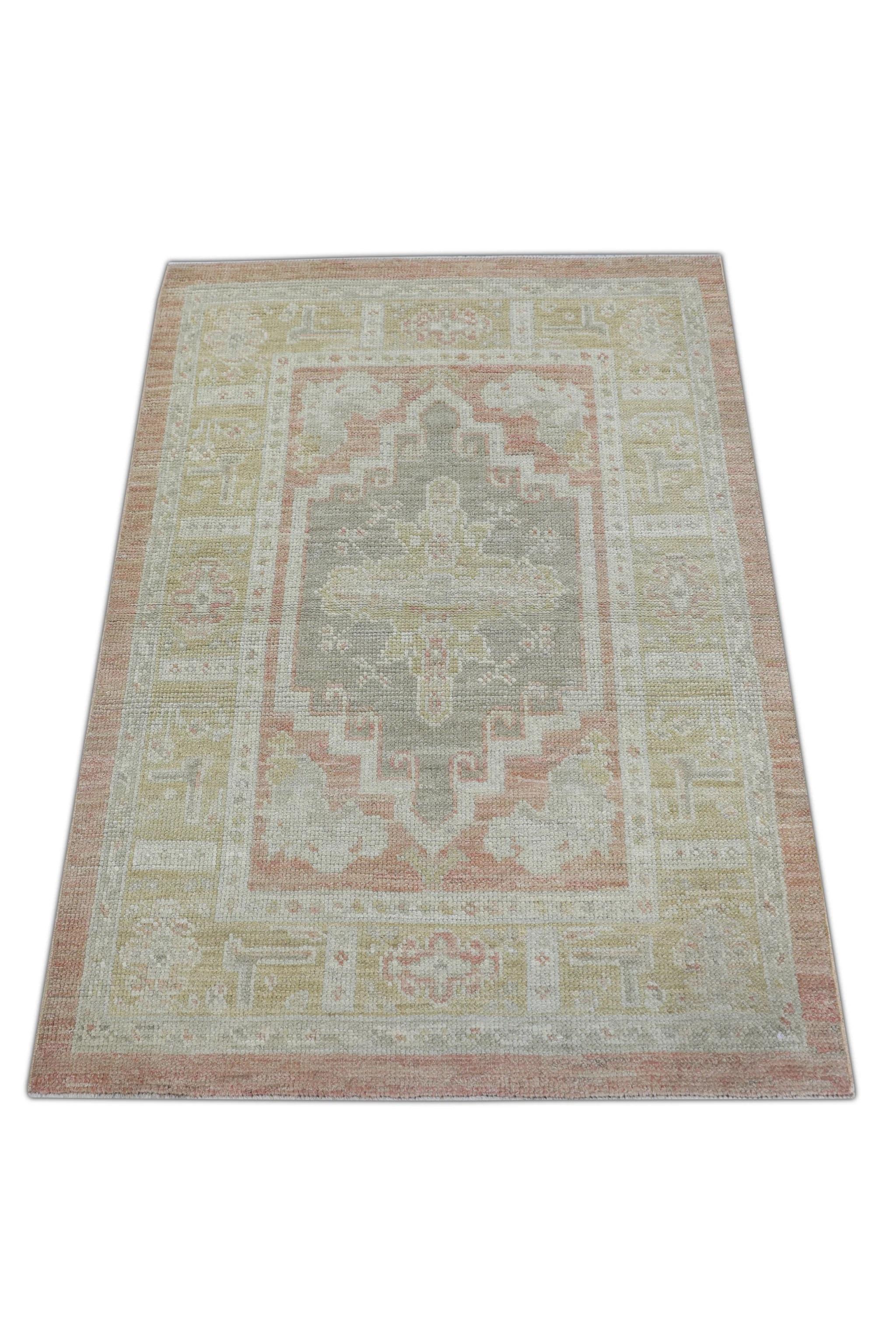 Contemporary Beige & Red Handwoven Wool Turkish Oushak Rug 3' x 4'3