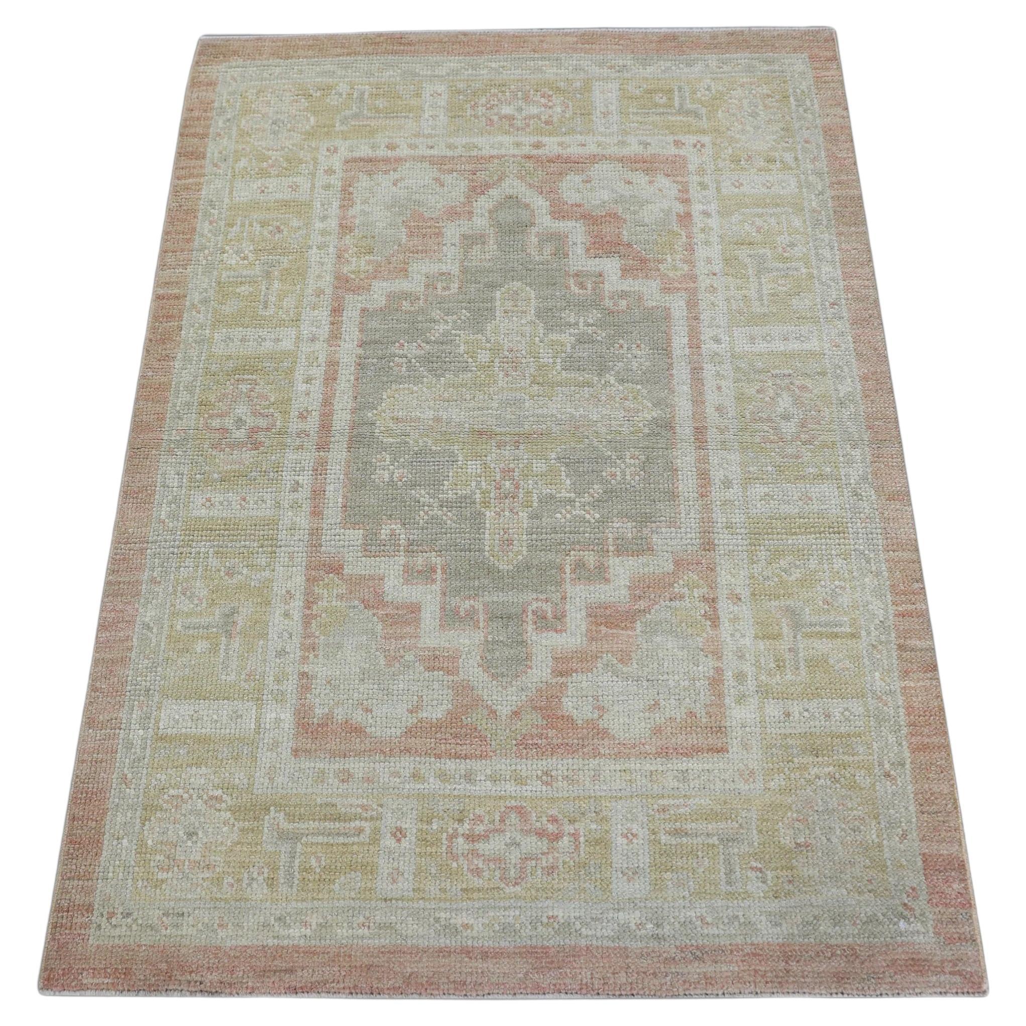 Beige & Red Handwoven Wool Turkish Oushak Rug 3' x 4'3" For Sale