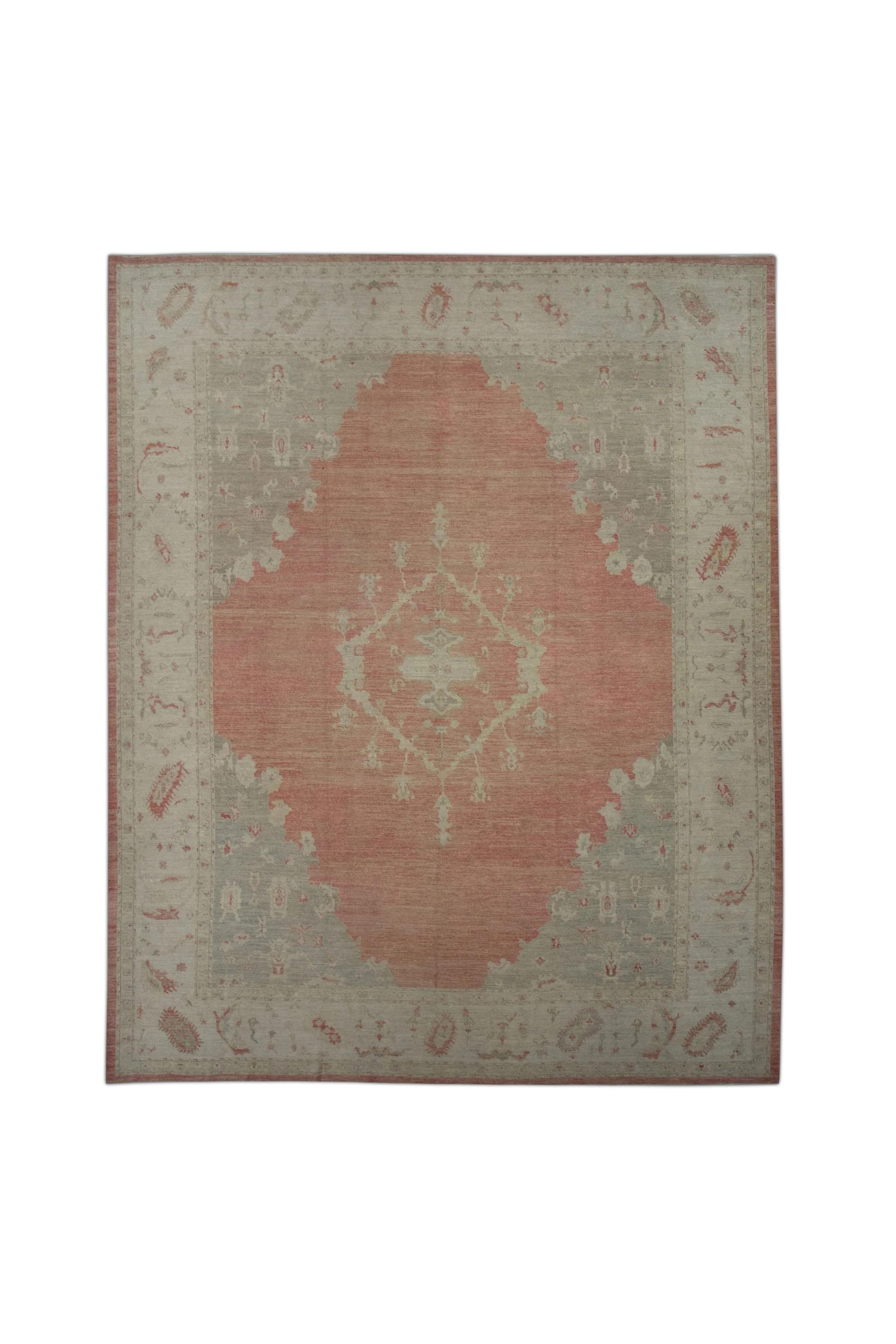 Beige & Red Turkish Finewoven Wool Oushak Rug 12'5" x 15'1" For Sale
