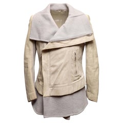 Beige Rick Owens Leder & Wolle geschichtet Moto Jacke Größe US 12