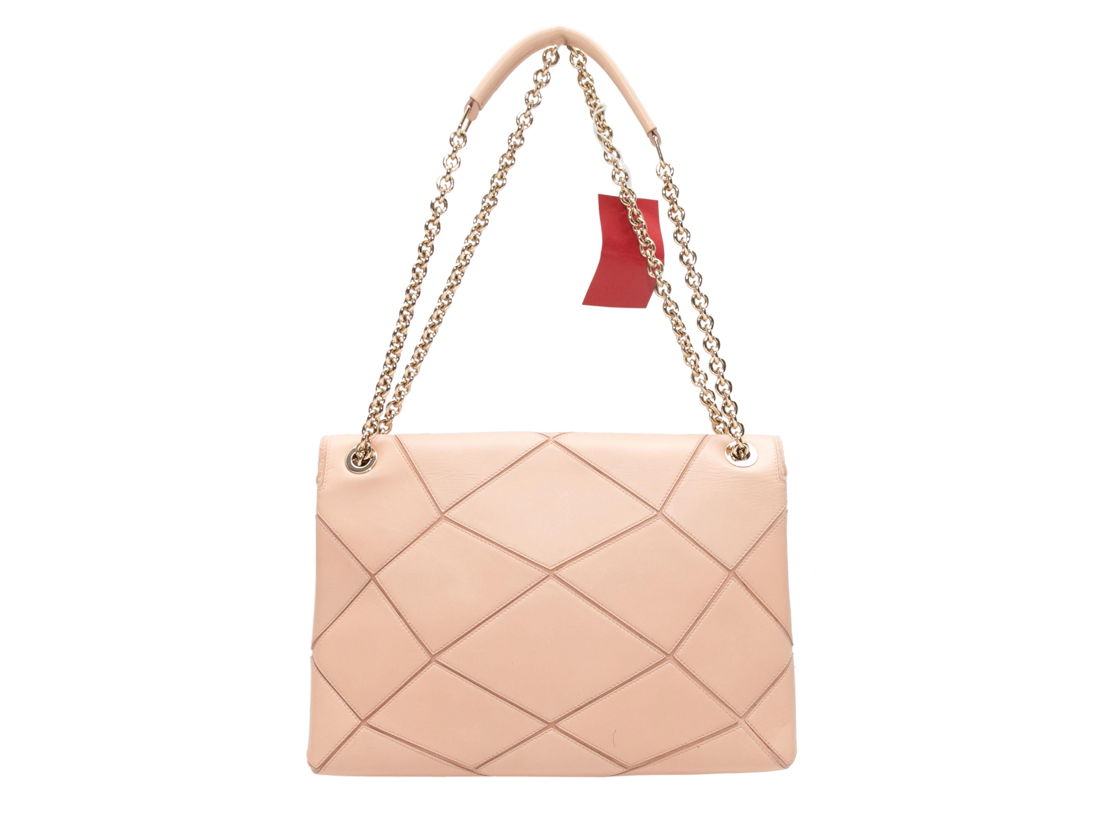 Beige Roger Vivier Geometric Patterned Shoulder Bag. This shoulder bag features a leather body, gold-tone hardware, dual chain-link and leather shoulder straps, and a front flap closure. 11.75