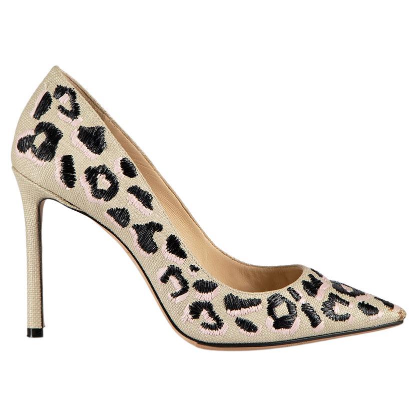 Beige Romy 100 Embroidered Leopard Print Pumps Size IT 38.5 For Sale