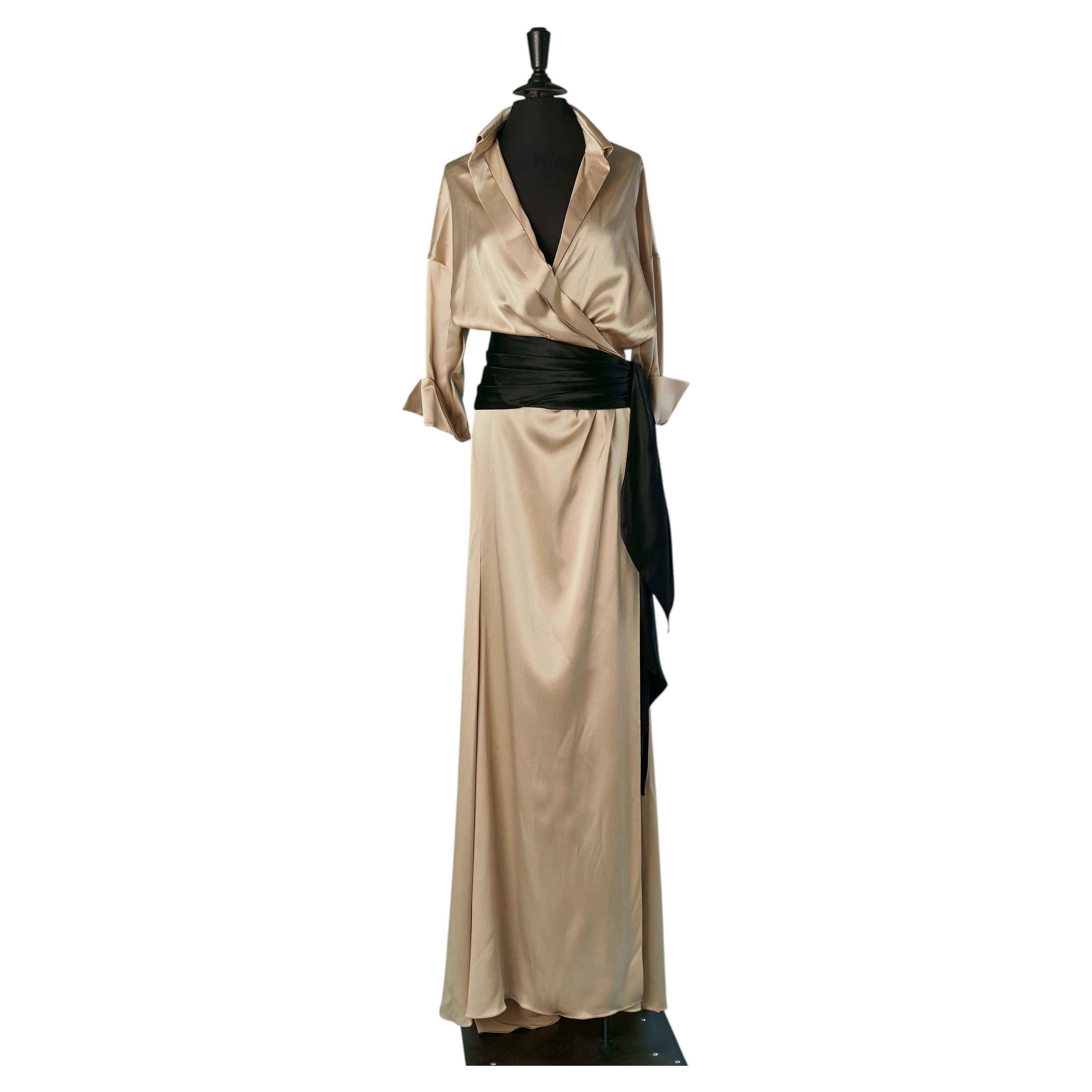 Beige satin wrapped evening dress with belt and drag ALEXANDRE VAUTHIER COUTURE For Sale