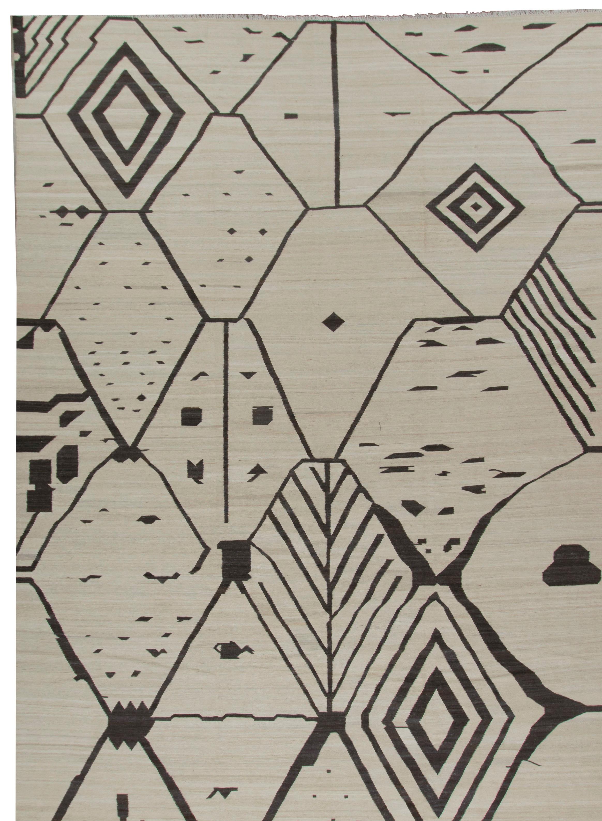 Lana Tappeto scandinavo beige in lana intrecciata a mano a trama piatta, 14' x 15' in vendita