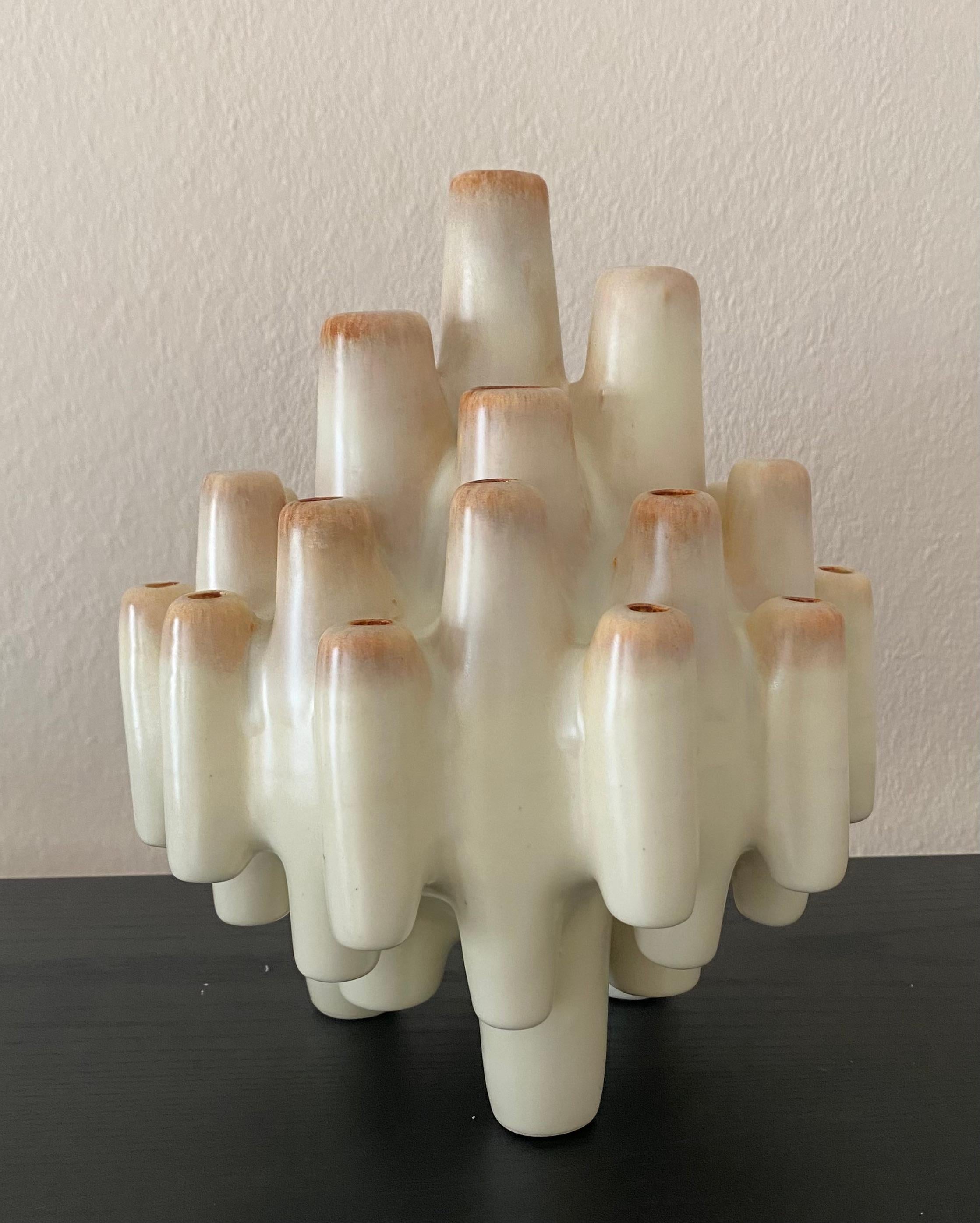 Glazed Beige Sculptural Italian Ceramic Vase by Bertoncello, coral/chimney shape For Sale