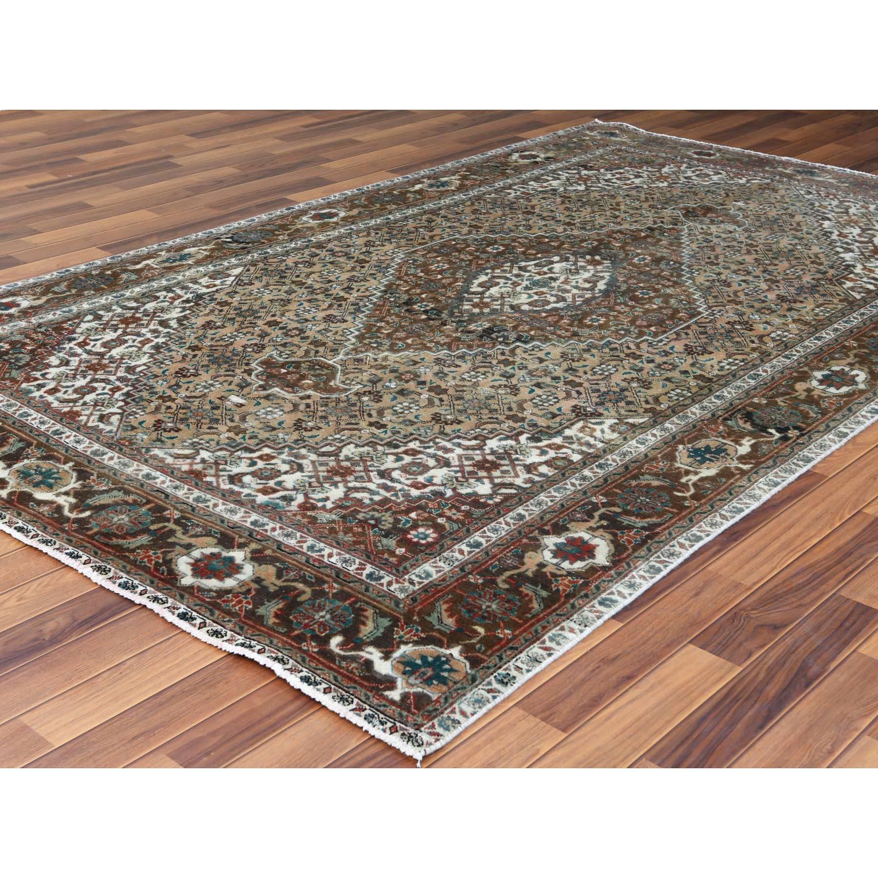 Hand-Knotted Beige Shabby Chic Old Persian Tabriz Mahi Medallion Oriental Rug For Sale