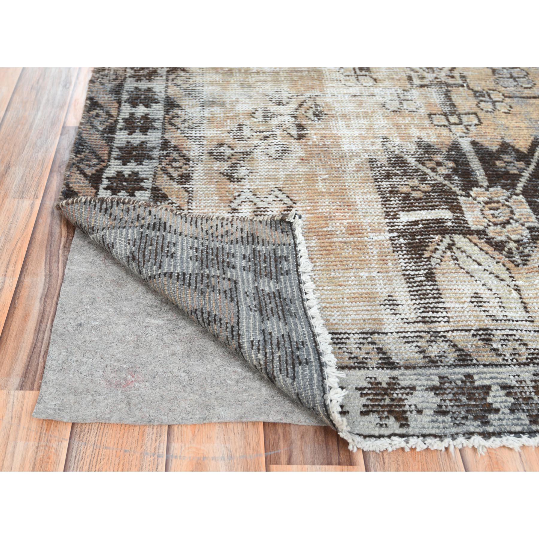 Medieval Beige, Sheared Low Distressed Worn Wool, Hand Knotted Vintage Persian Shiraz Rug For Sale