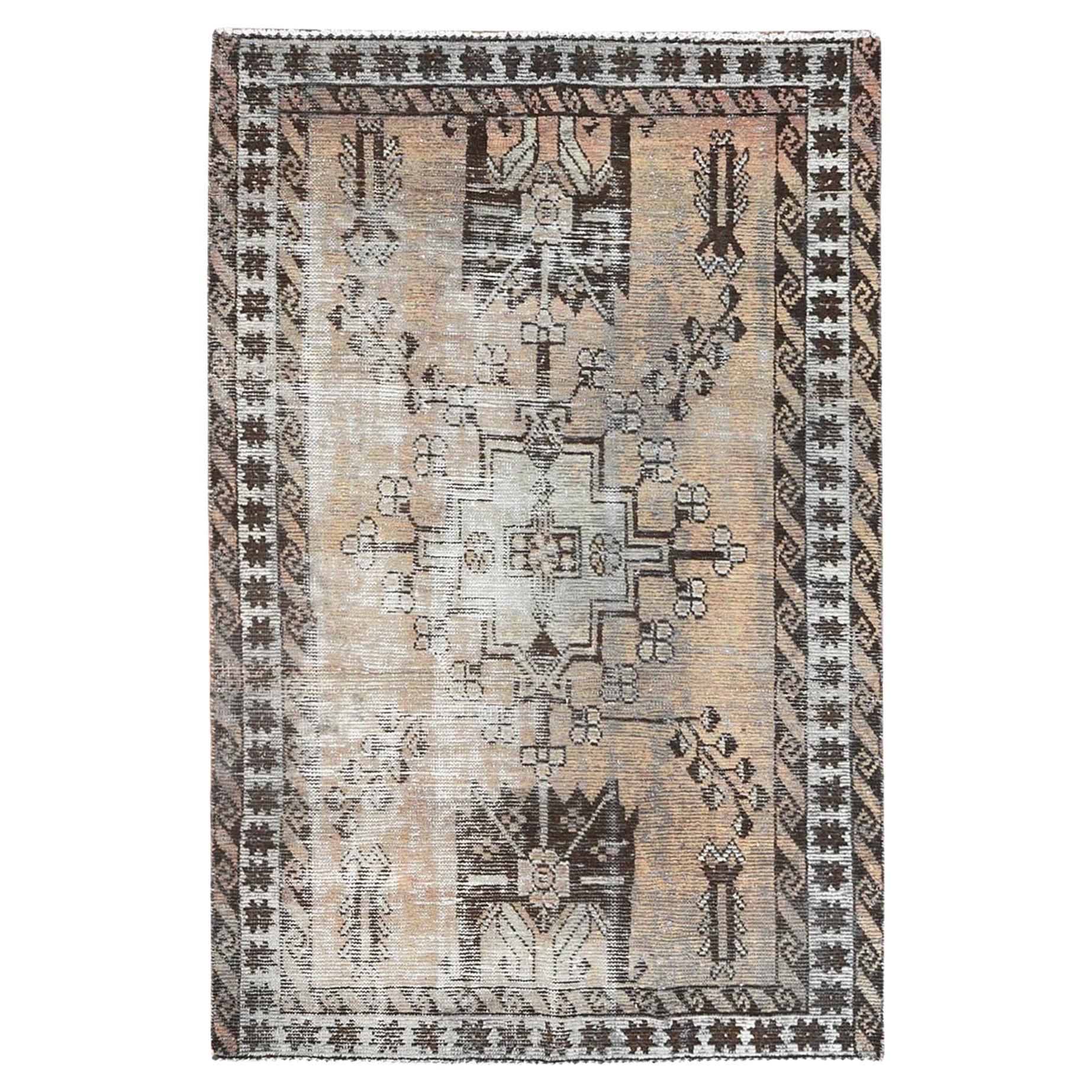 Beige, Sheared Low Distressed Worn Wool, Hand Knotted Vintage Persian Shiraz Rug For Sale