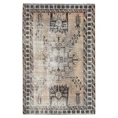 Beige, Sheared Low Distressed Worn Wool, Hand Knotted Vintage Persian Shiraz Rug