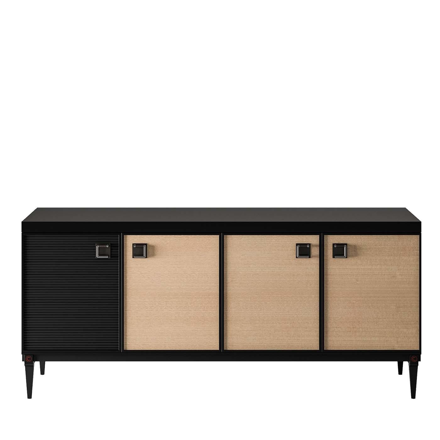 This midcentury-inspired sideboard stands out for the masterful craftsmanship and elegance of its design that evokes Classic furniture. The impeccable construction features a frame with black-lacquered eucalyptus veneer and four doors, three with a