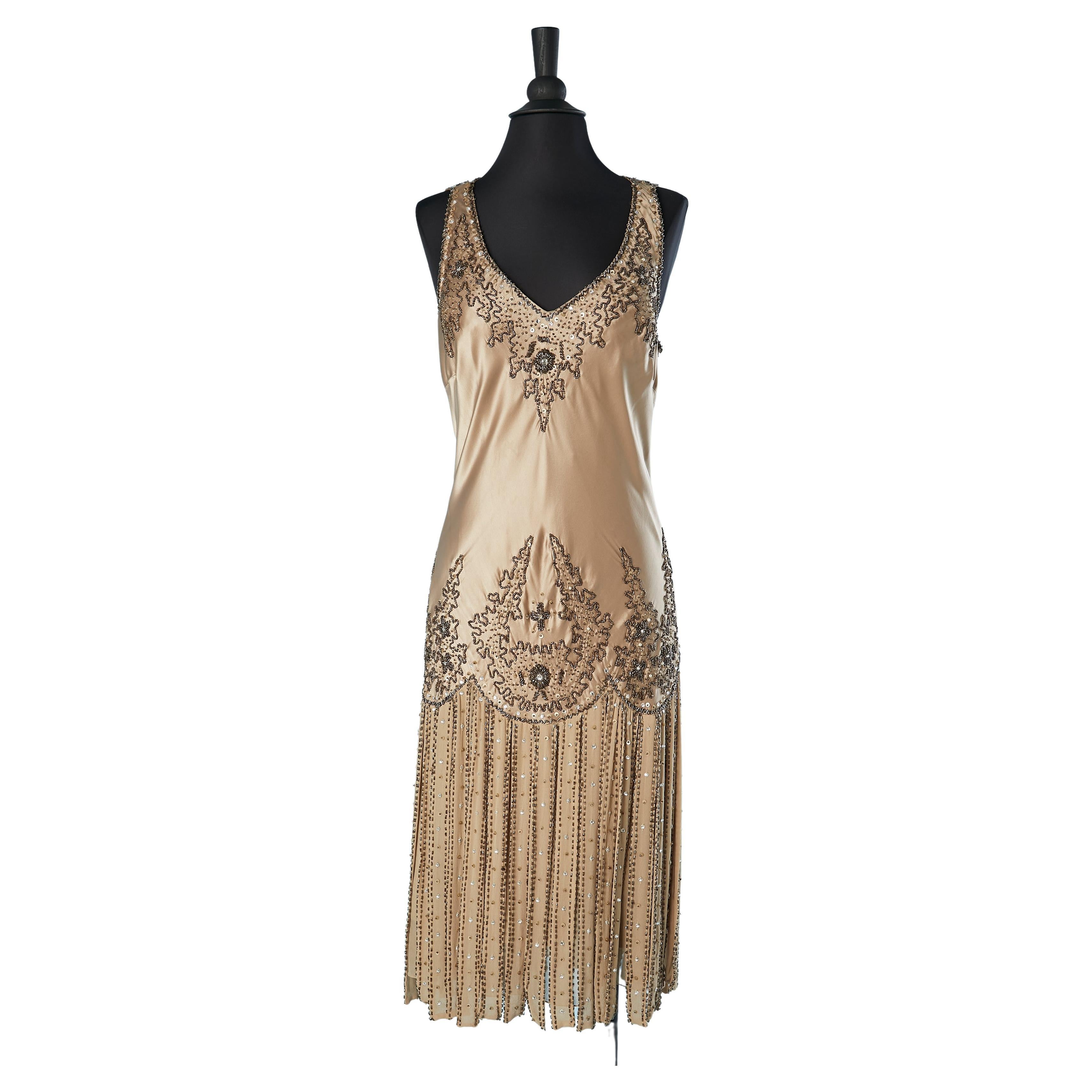Beige silk cocktail dress with embroideries Versace Jeans Couture NEW WITH TAG  For Sale