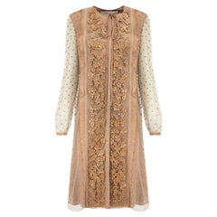 Beige Silk Leather Flower Sheer Dress Size L