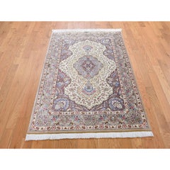 Beige Silk Qum Persian Signed 600 KPSI Hand Knotted Oriental Rug