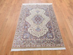 Beige Silk Qum Persian Signed 600 KPSI Hand Knotted Oriental Rug