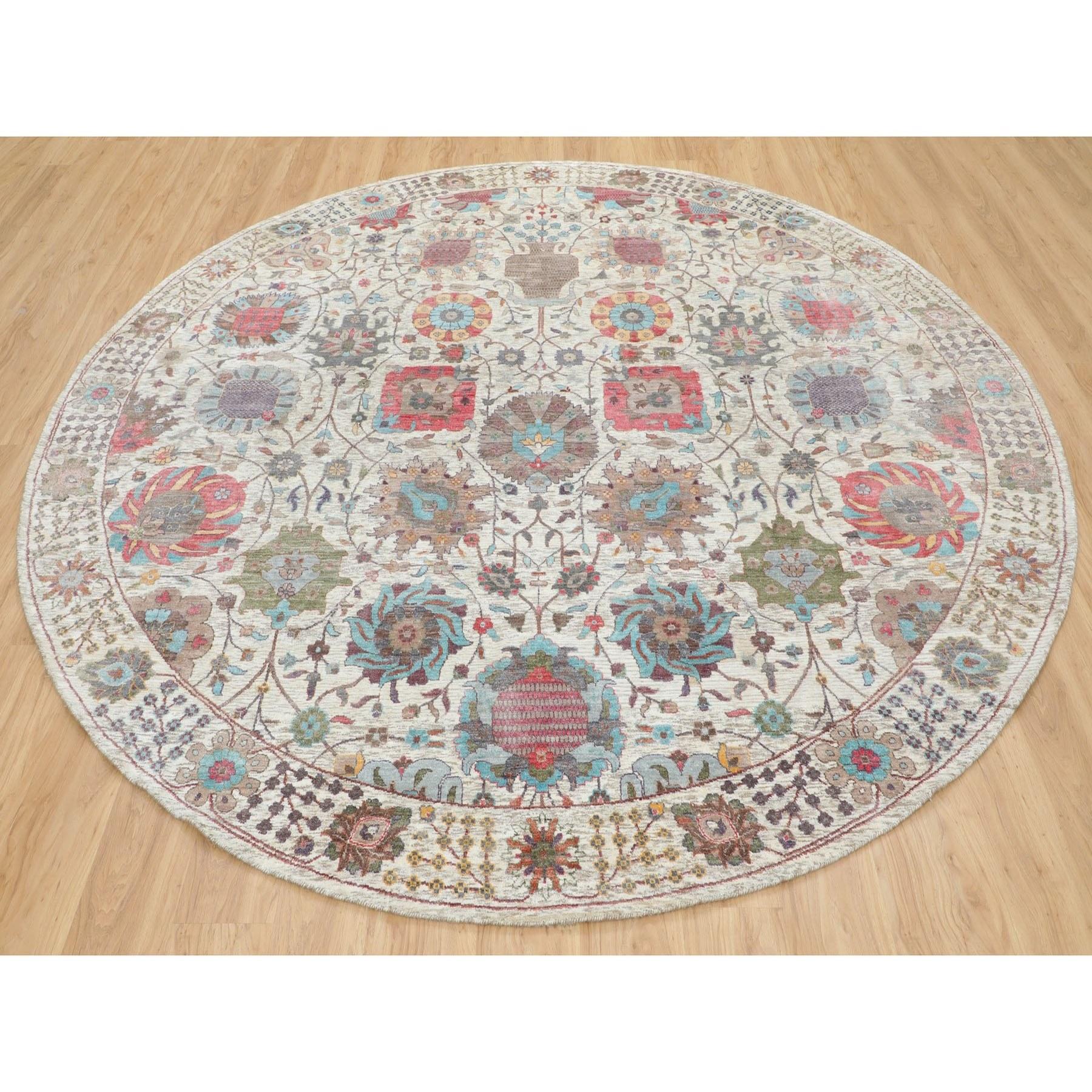 Indiano Tappeto orientale rotondo beige in seta con lana strutturata Tabriz annodato a mano 10' x 10' in vendita