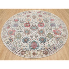Beige Silk With Textured Wool Tabriz Hand Knotted Round Oriental Rug 10' x 10'