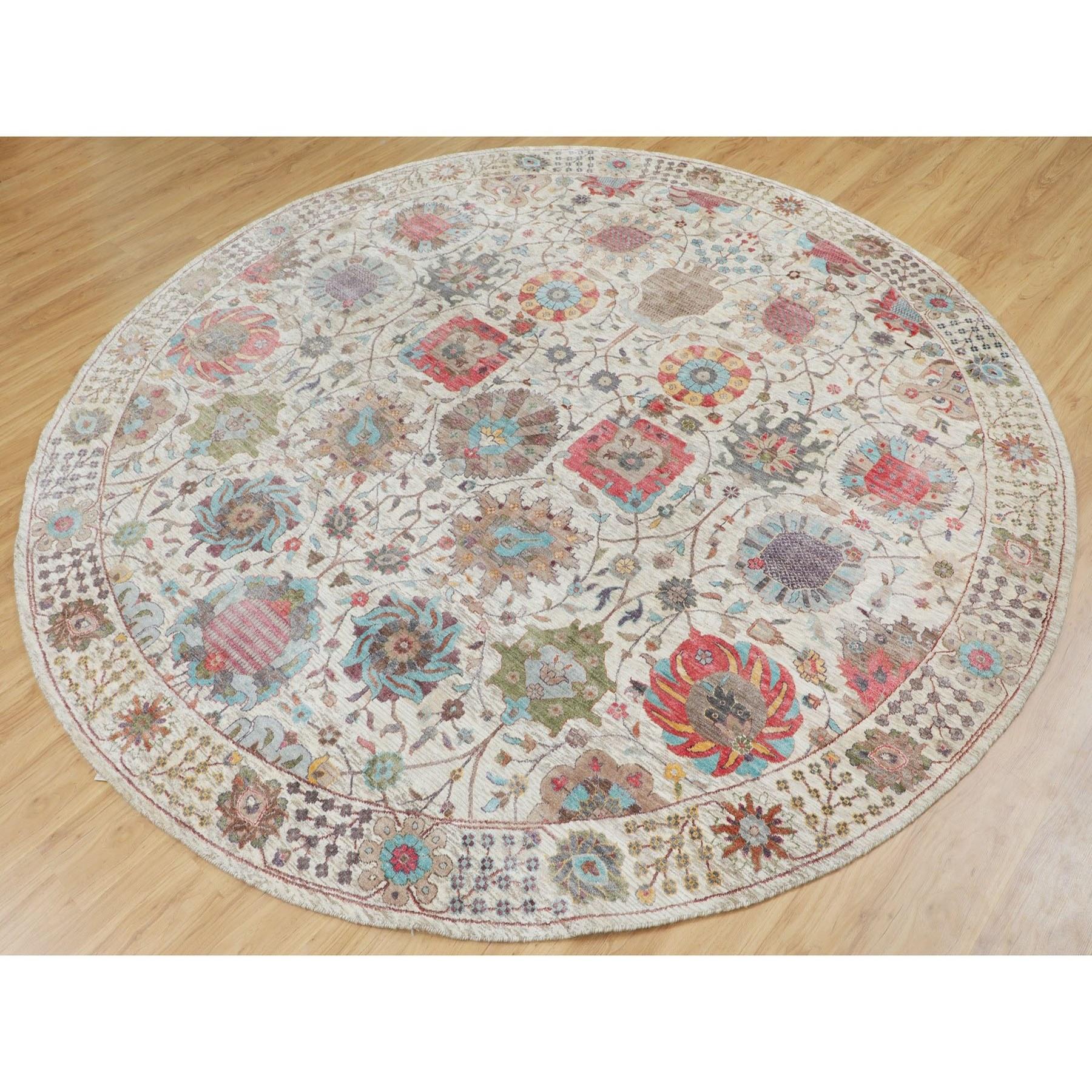 Annodato a mano Tappeto orientale rotondo beige in seta con lana strutturata Tabriz annodato a mano 10' x 10' in vendita