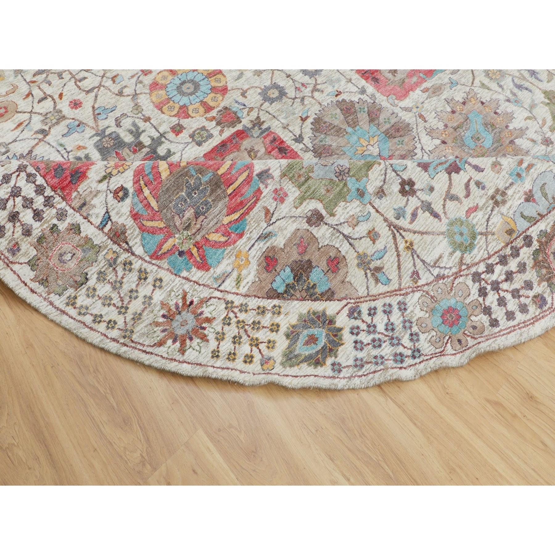 Seta Tappeto orientale rotondo beige in seta con lana strutturata Tabriz annodato a mano 10' x 10' in vendita