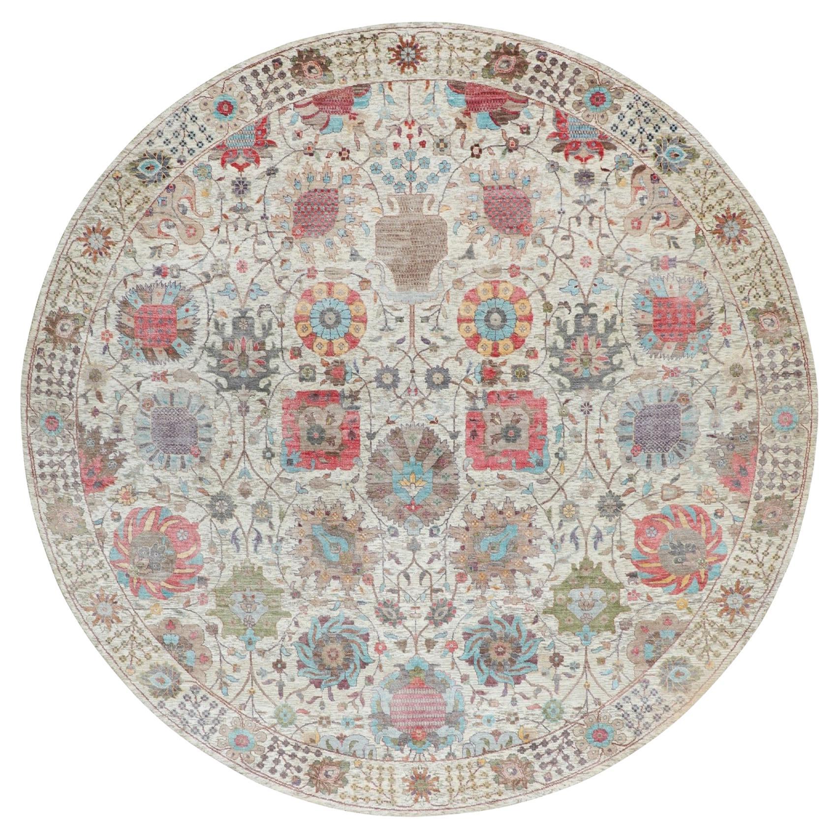 Beige Silk With Textured Wool Tabriz Hand Knotted Round Oriental Rug 10' x 10'