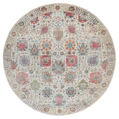 Tapis oriental rond noué à la main en soie beige avec laine texturée Tabriz 10' x 10'