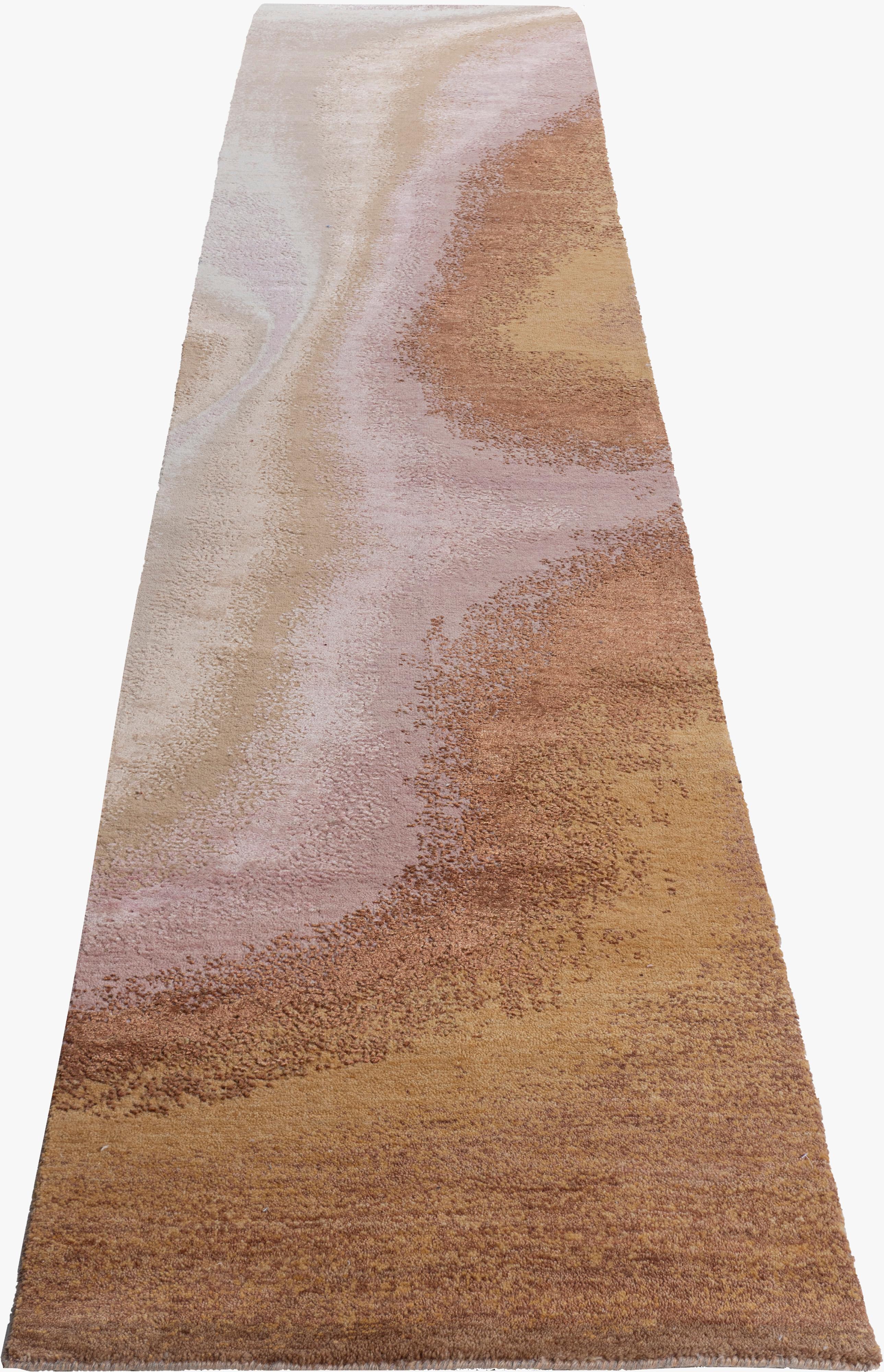 Runner annodato a mano in lana e seta beige Crema beige in vendita 5