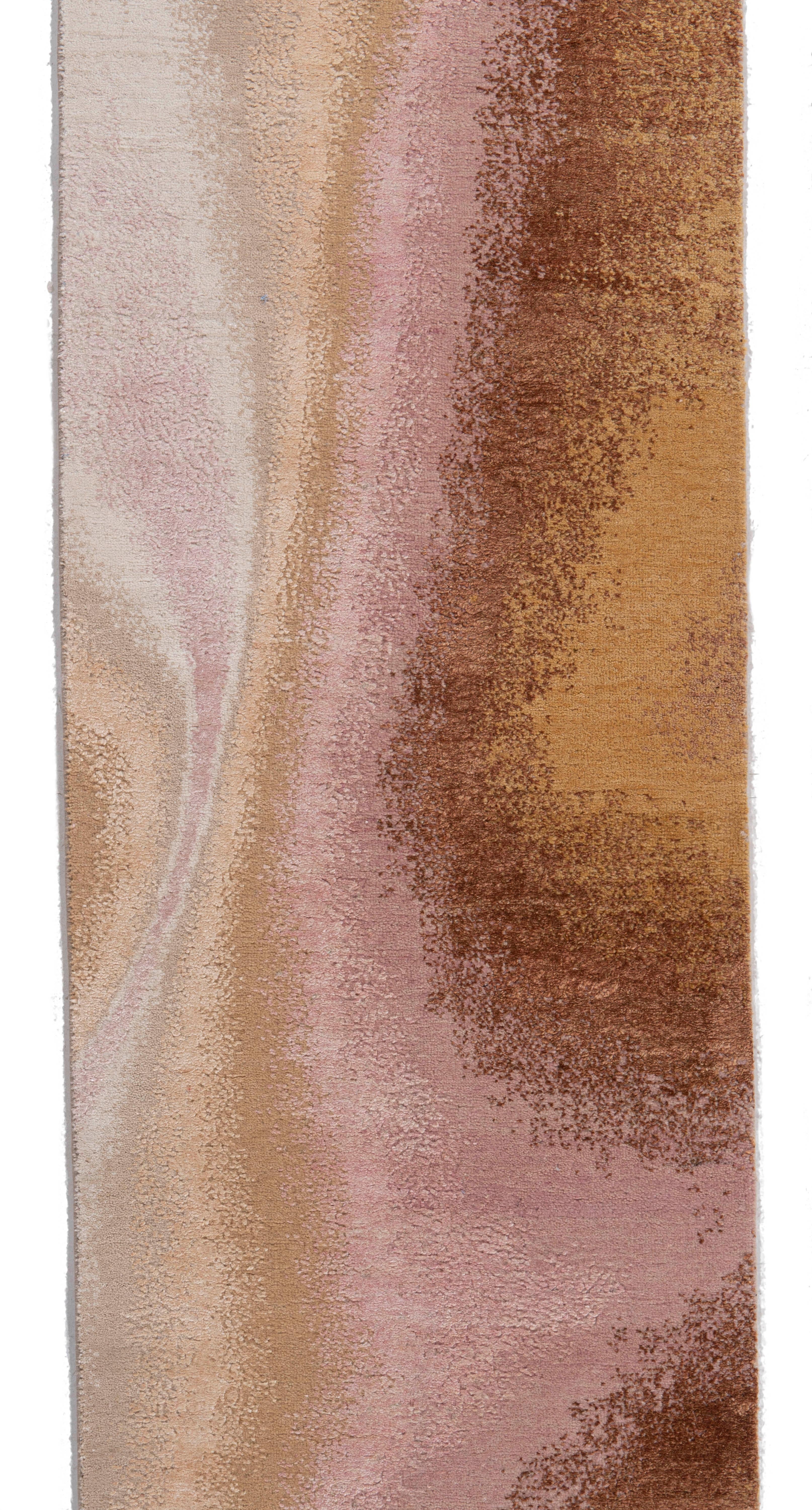 Lana Runner annodato a mano in lana e seta beige Crema beige in vendita
