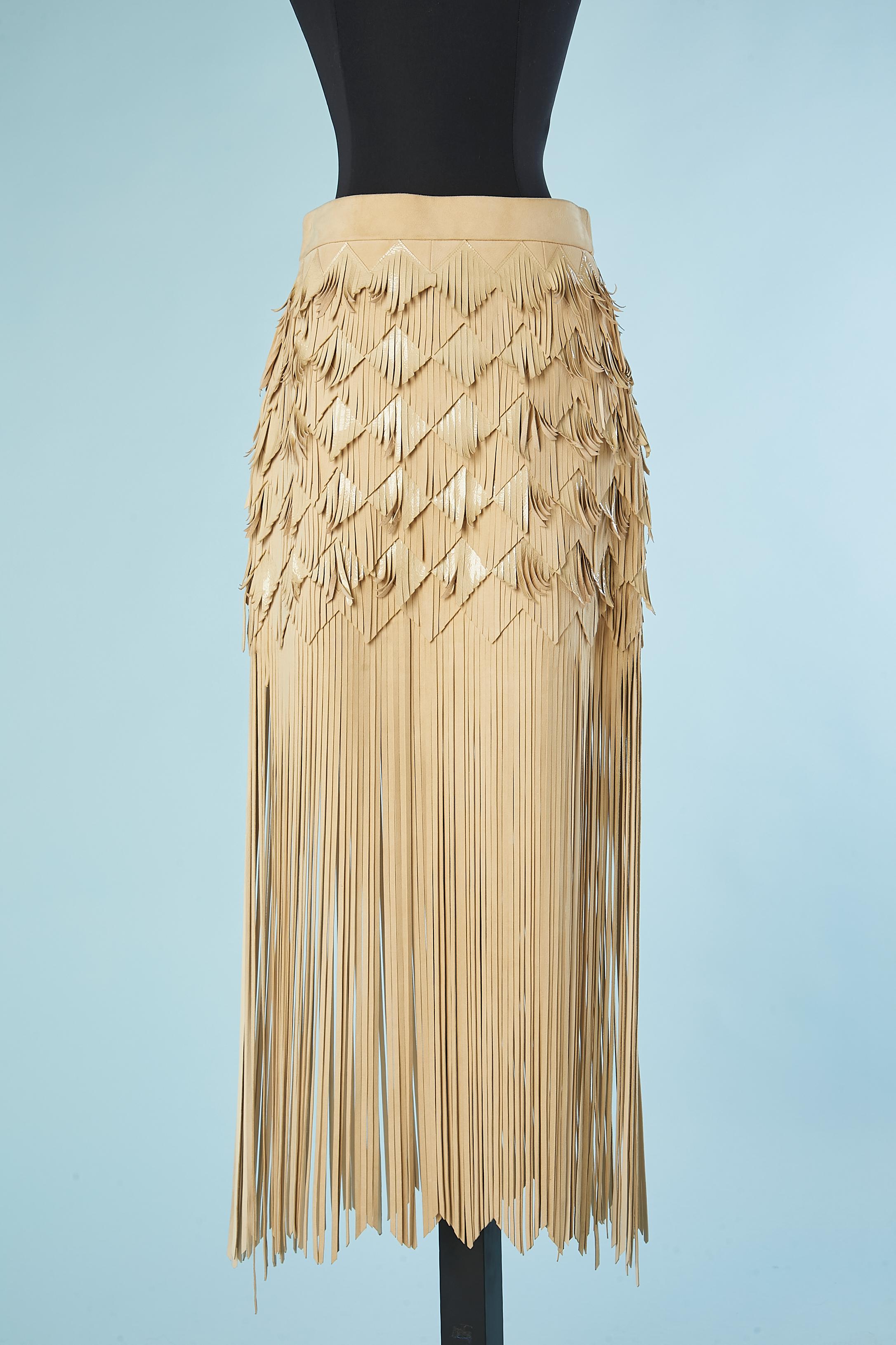 Beige skirt with fringes in suede and patent leather Chanel Paris Dallas  1