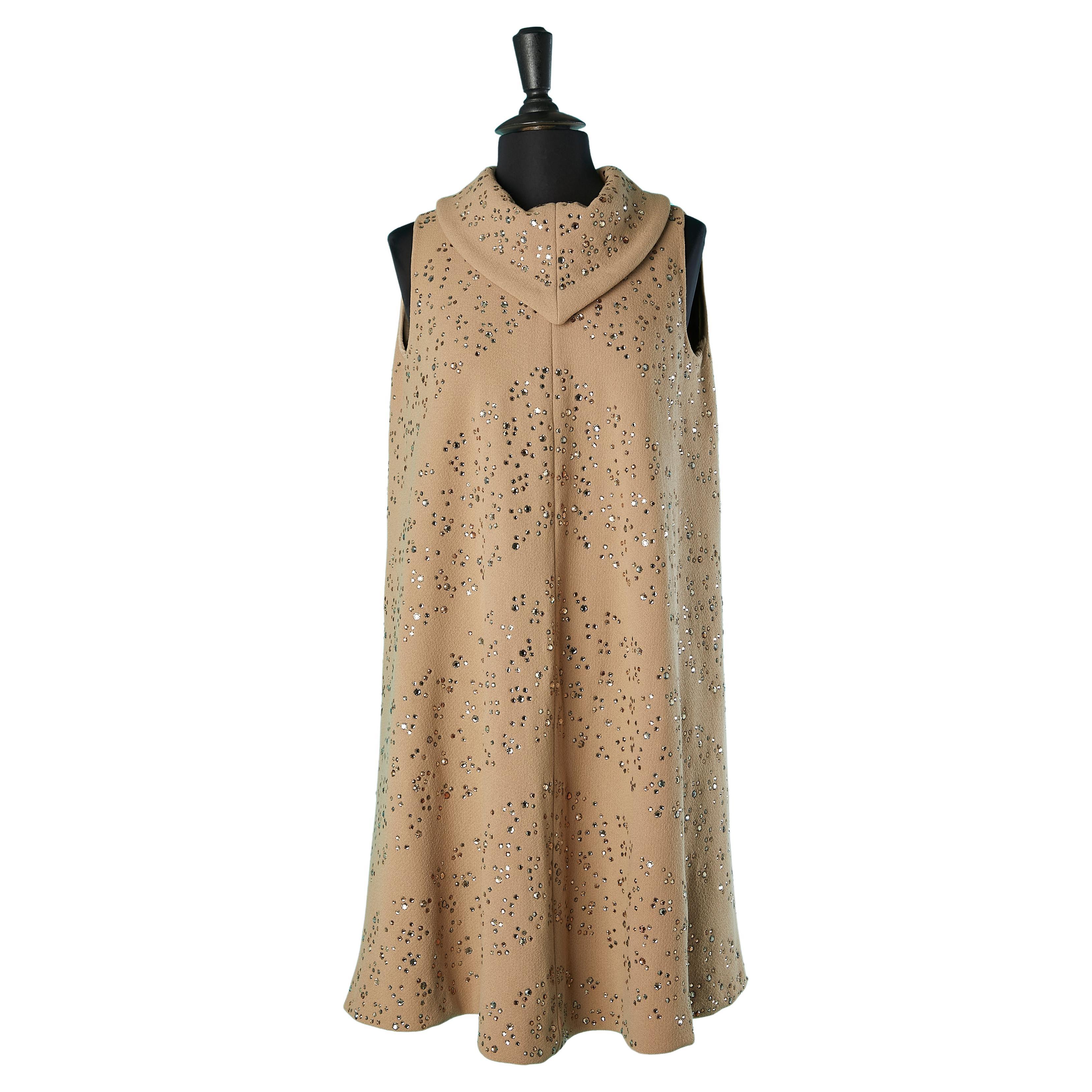 Beige sleeveless cocktail dress with 3 colors rhinestone Pauline Trigère  For Sale