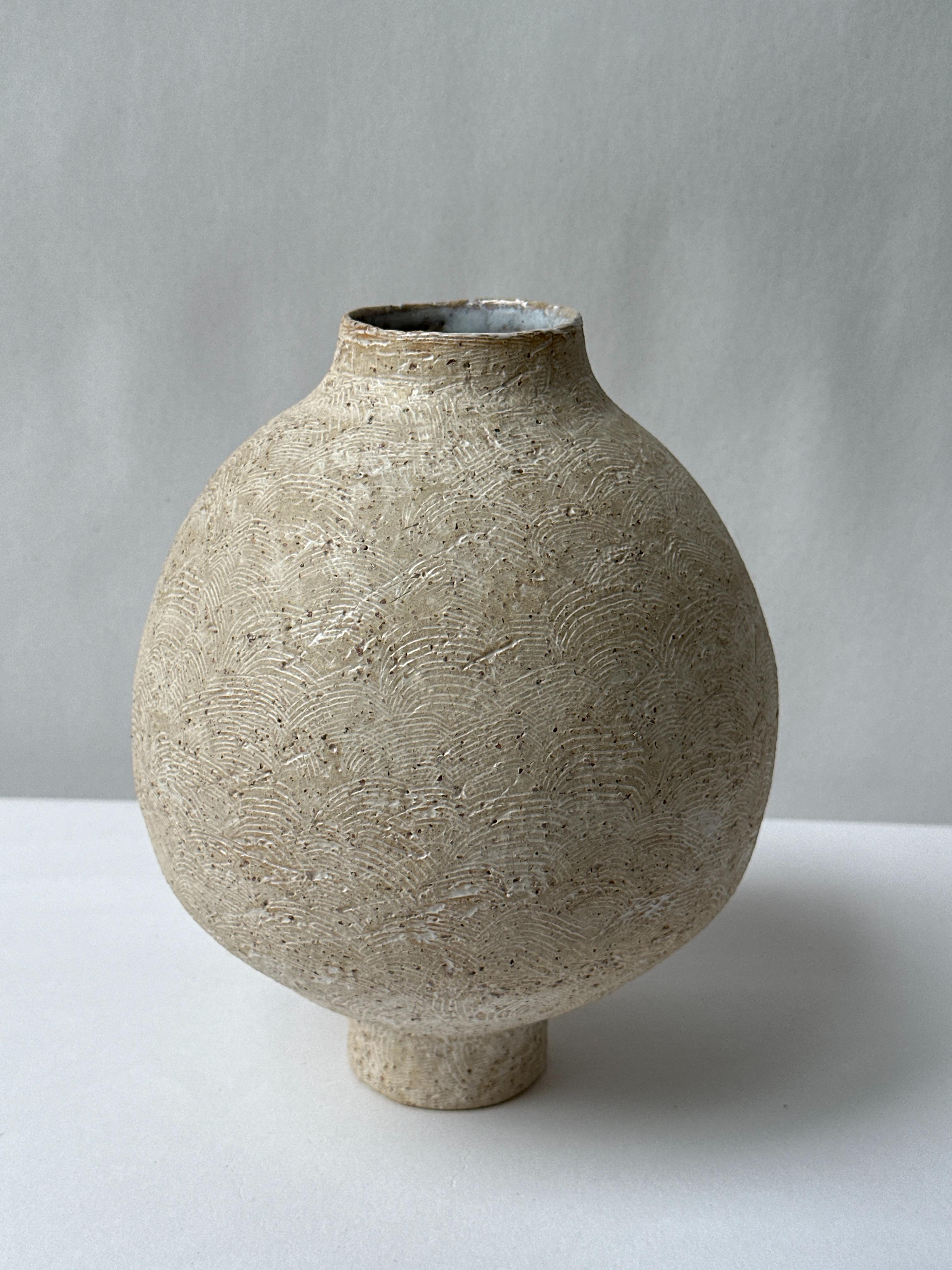 Post-Modern Beige Stoneware Coiled Moon Jar by Elena Vasilantonaki For Sale