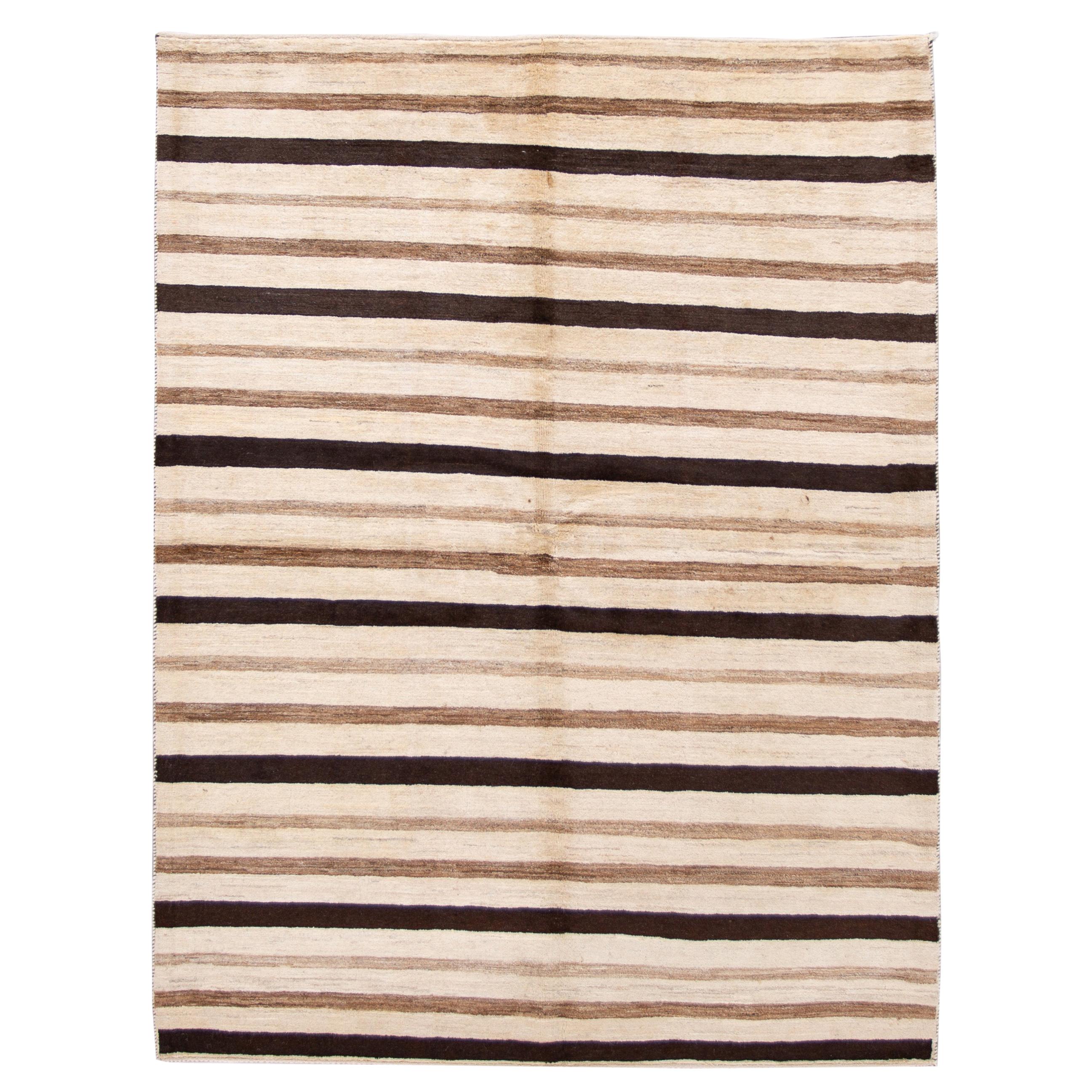 Beige Striped Modern Gabbeh Handmade Wool Rug