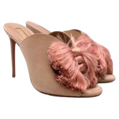 Beige suede & pink tasseled Lotus Blossom heeled mules For Sale