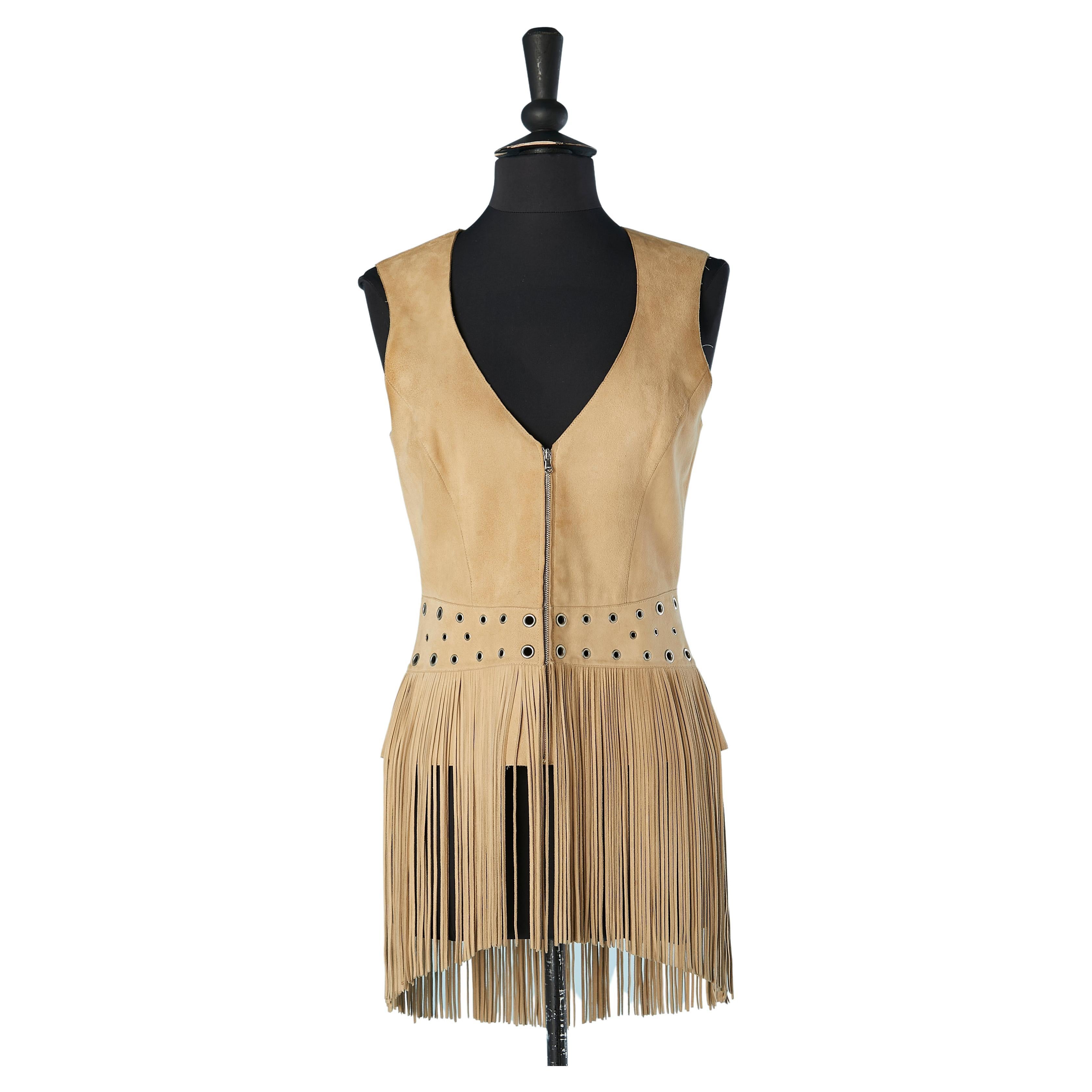 Beige suede vest with fringes and silver metal eyelet  Thierry Mugler Couture  For Sale