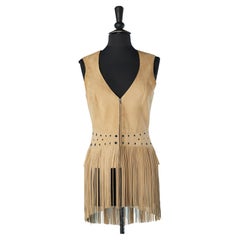 Beige suede vest with fringes and silver metal eyelet  Thierry Mugler Couture 