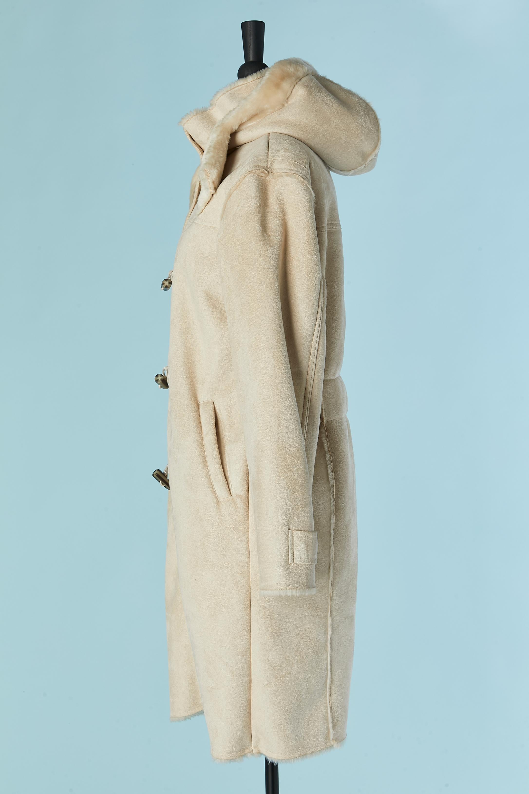 Beige Suedine duffle-coat with hood and Faux-fur inside DOROTENNIS For Sale 2